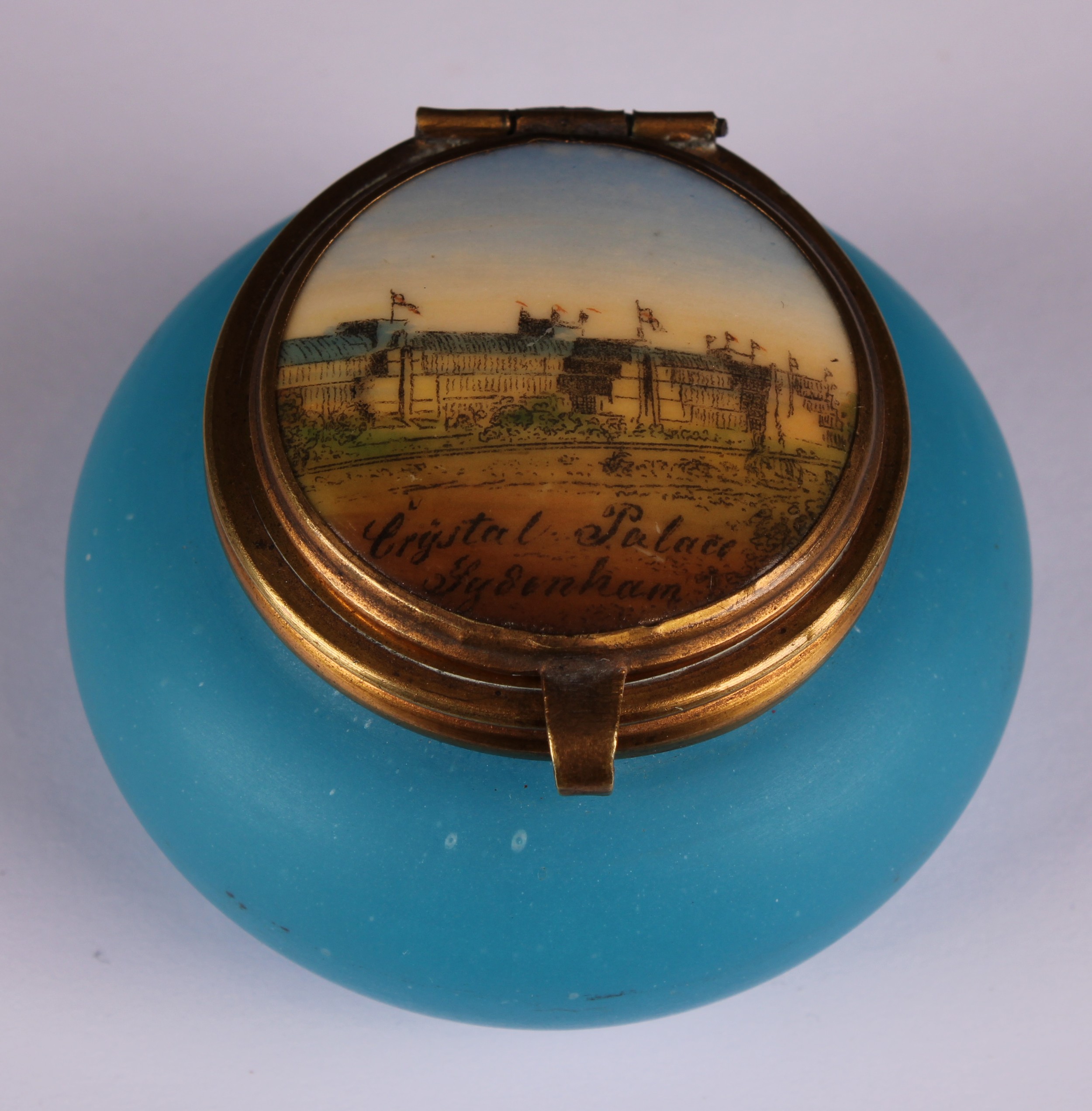 The Great Exhibition - a Palais Royal type blue glass circular box, the hinged cover decorated i - Image 2 of 5