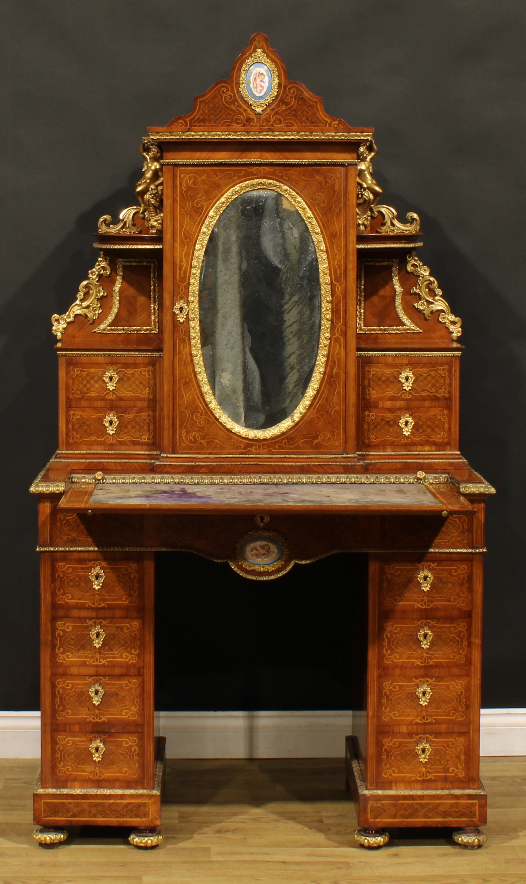 A Louis XV Revival gilt metal and porcelain mounted kingwood and marquetry exhibition-type twin - Image 2 of 7