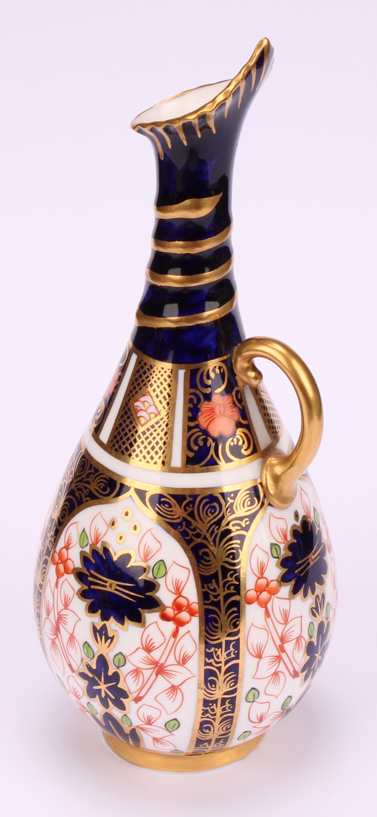 A pair of Royal Crown Derby 1128 Imari pattern ovoid bottle vases, the slender necks moulded with - Image 9 of 10
