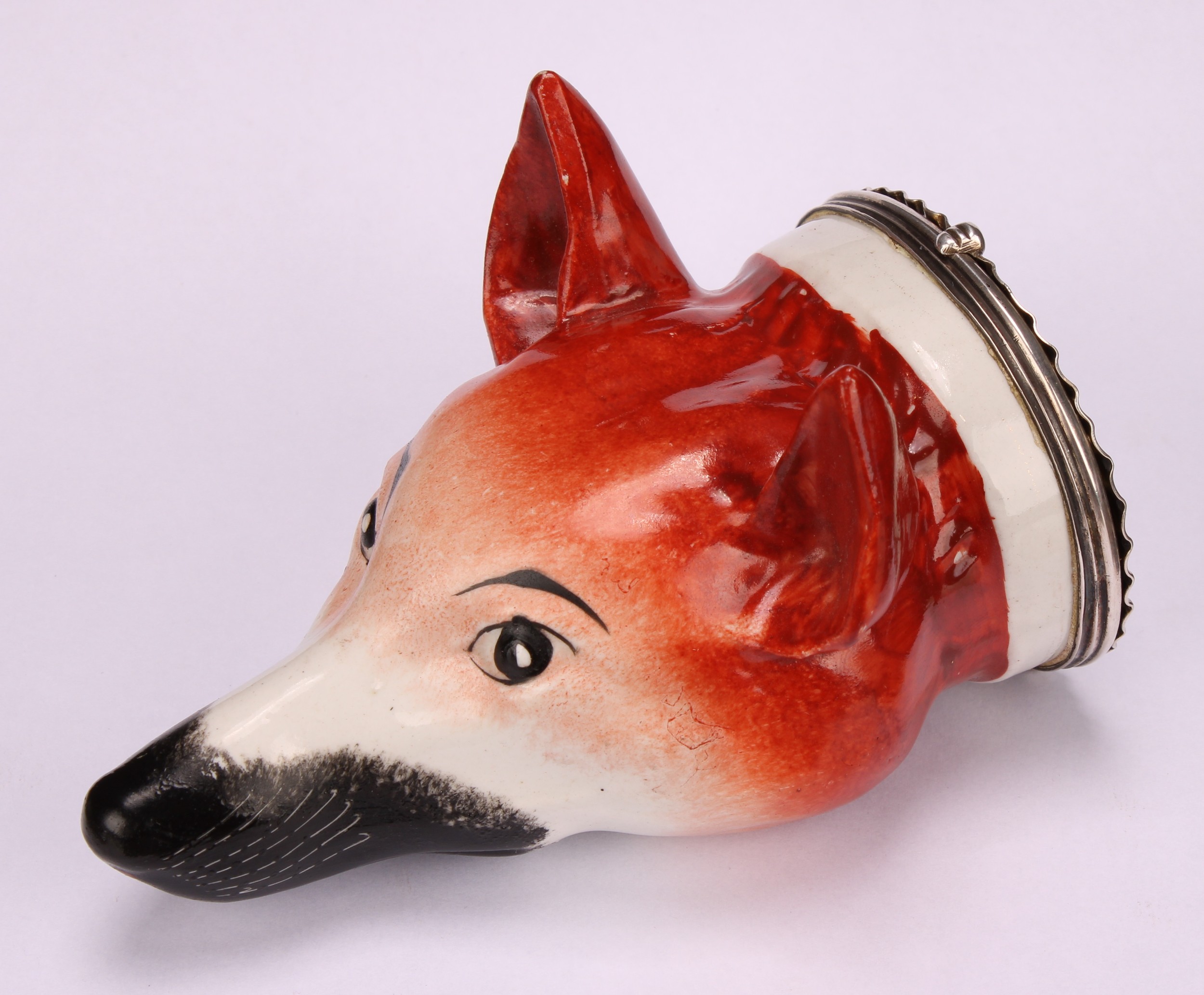 A Staffordshire pottery novelty stirrup cup, modelled as a fox mask, naturalistically painted, - Image 3 of 5