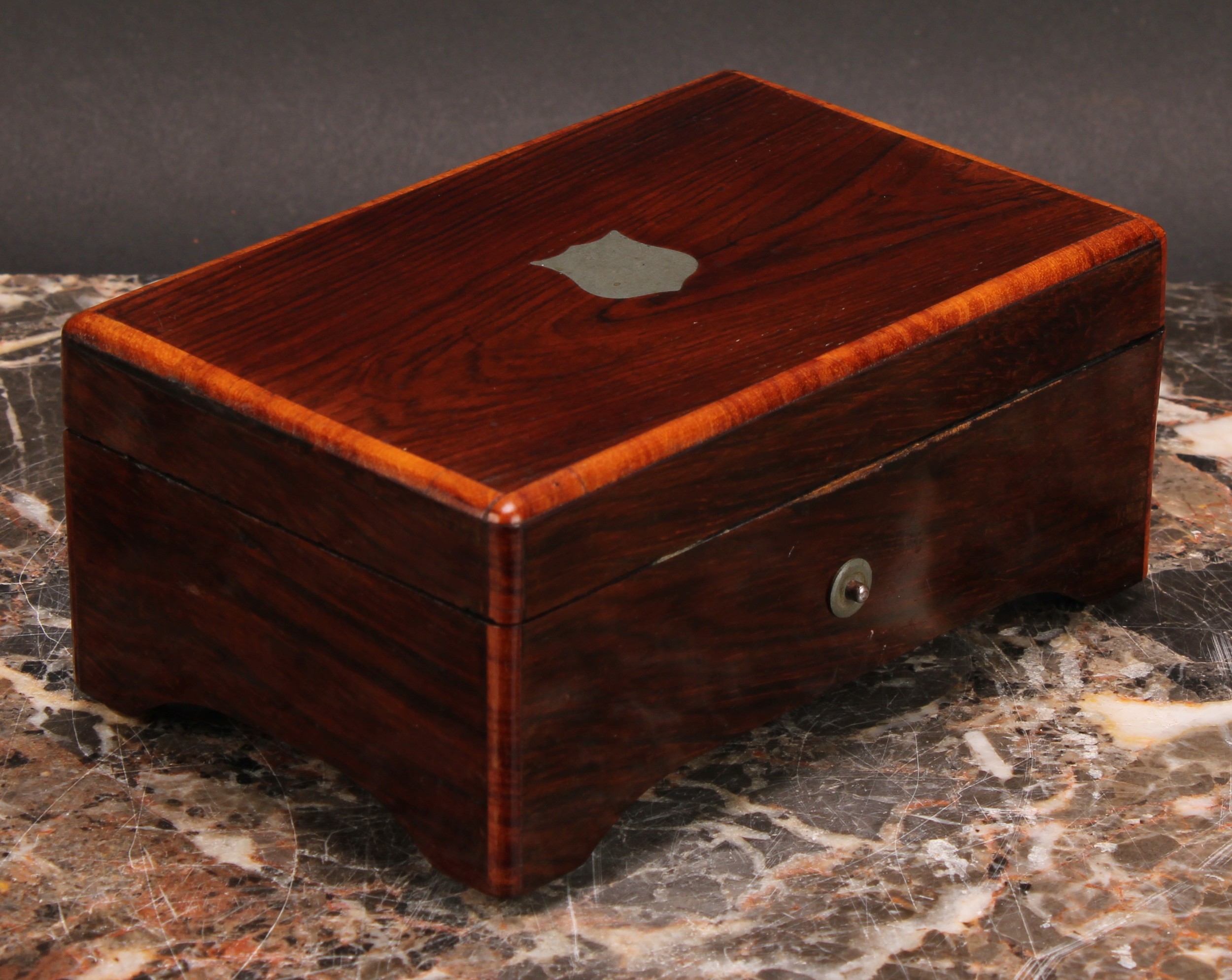 A 19th century satinwood crossbanded rosewood rectangular music box, of small proportions, 6cm - Image 3 of 4