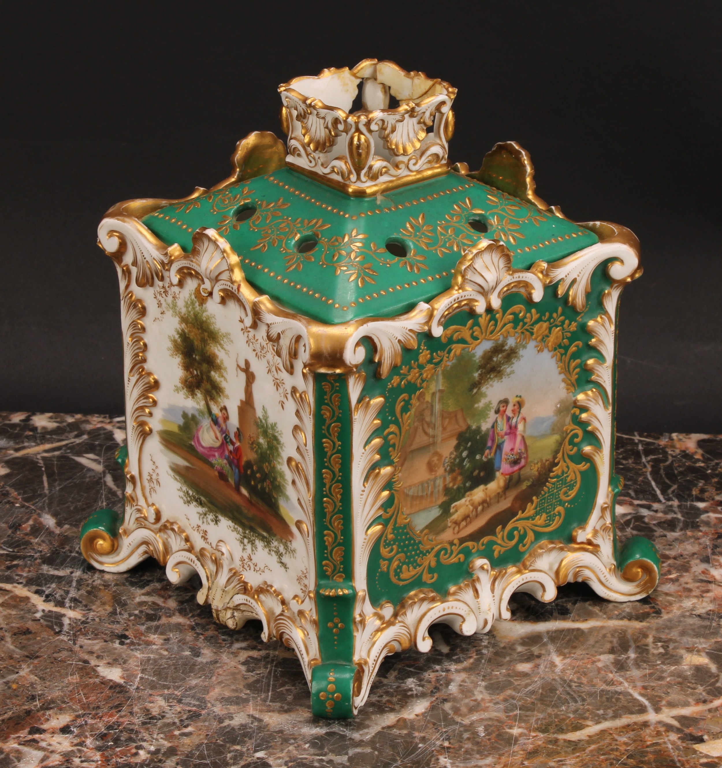 A 19th century Jacob Petit, Paris, porcelain pot pourri, of square form, each side decorated with - Image 5 of 6