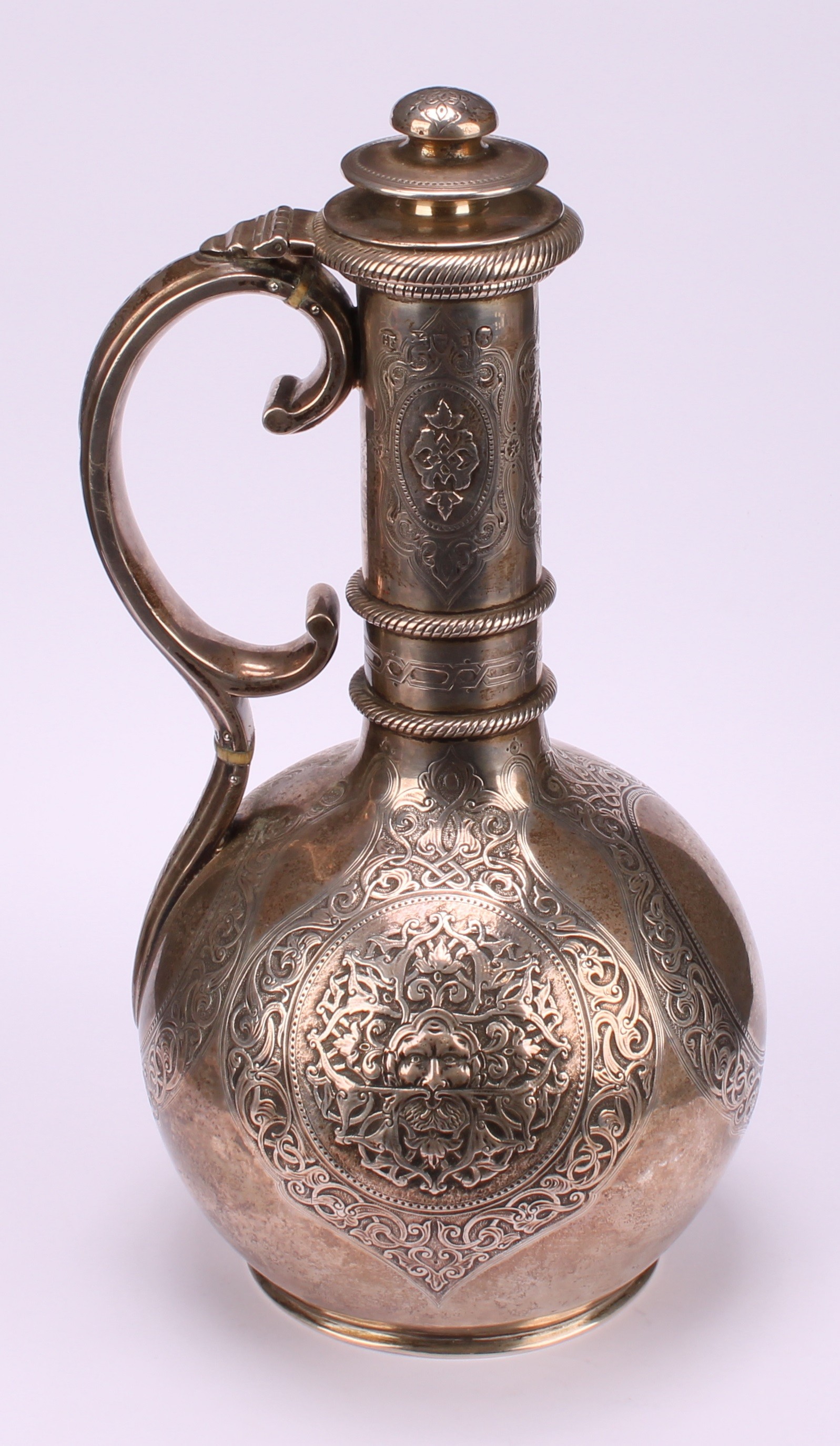 A Victorian silver globular wine ewer, chased with Green Man mask and mask of a classical lady, - Image 2 of 6