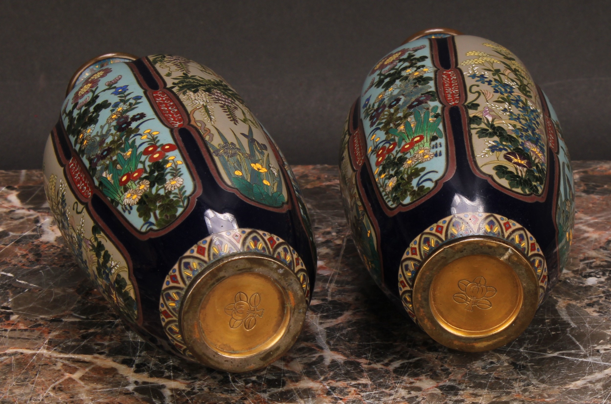 A pair of Japanese cloisonne enamel lobed ovoid vases, painted in polychrome with flowers within - Image 6 of 6