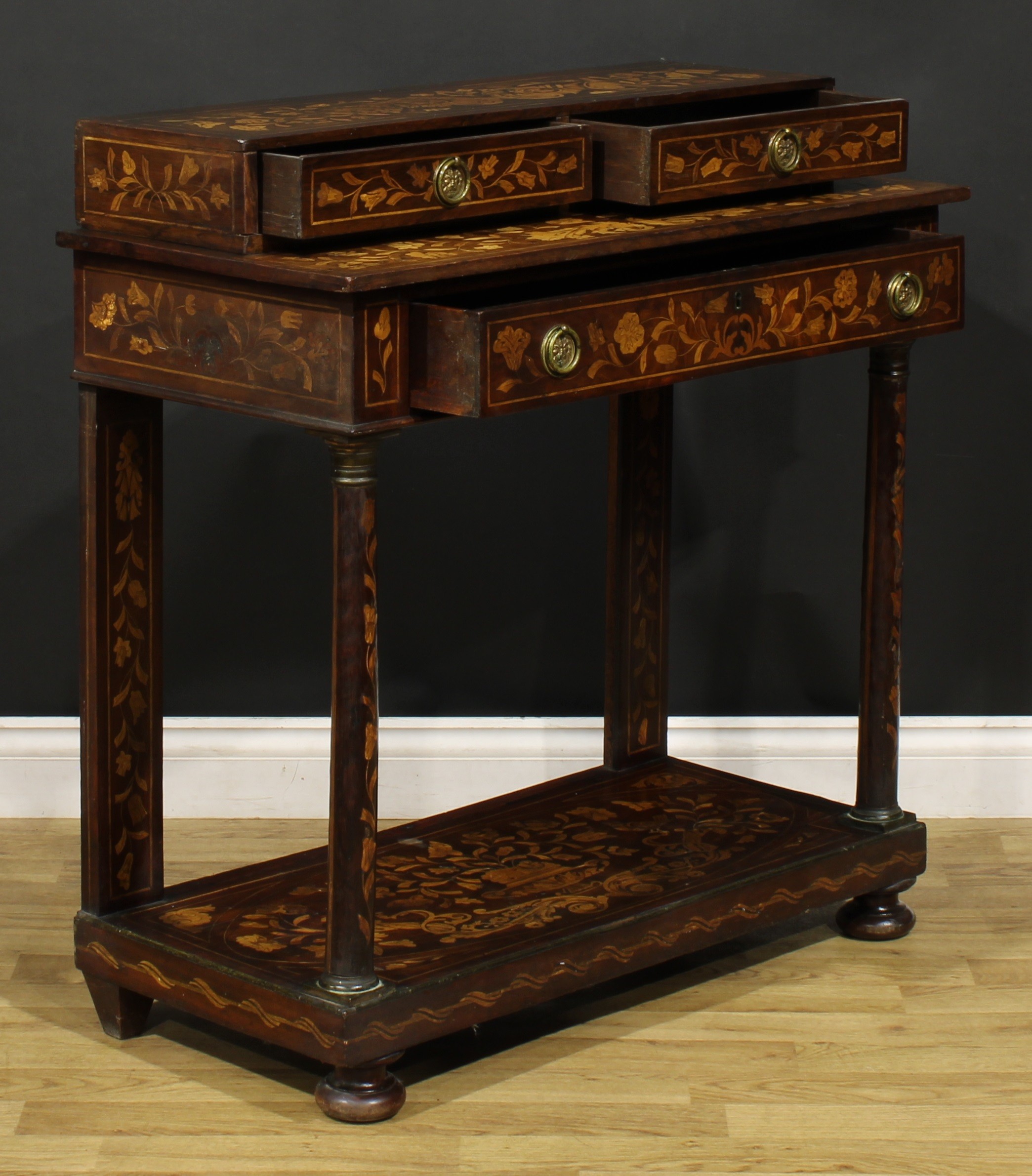 A 19th century Dutch marquetry pier table, rectangular superstructure with a pair of short - Image 4 of 6