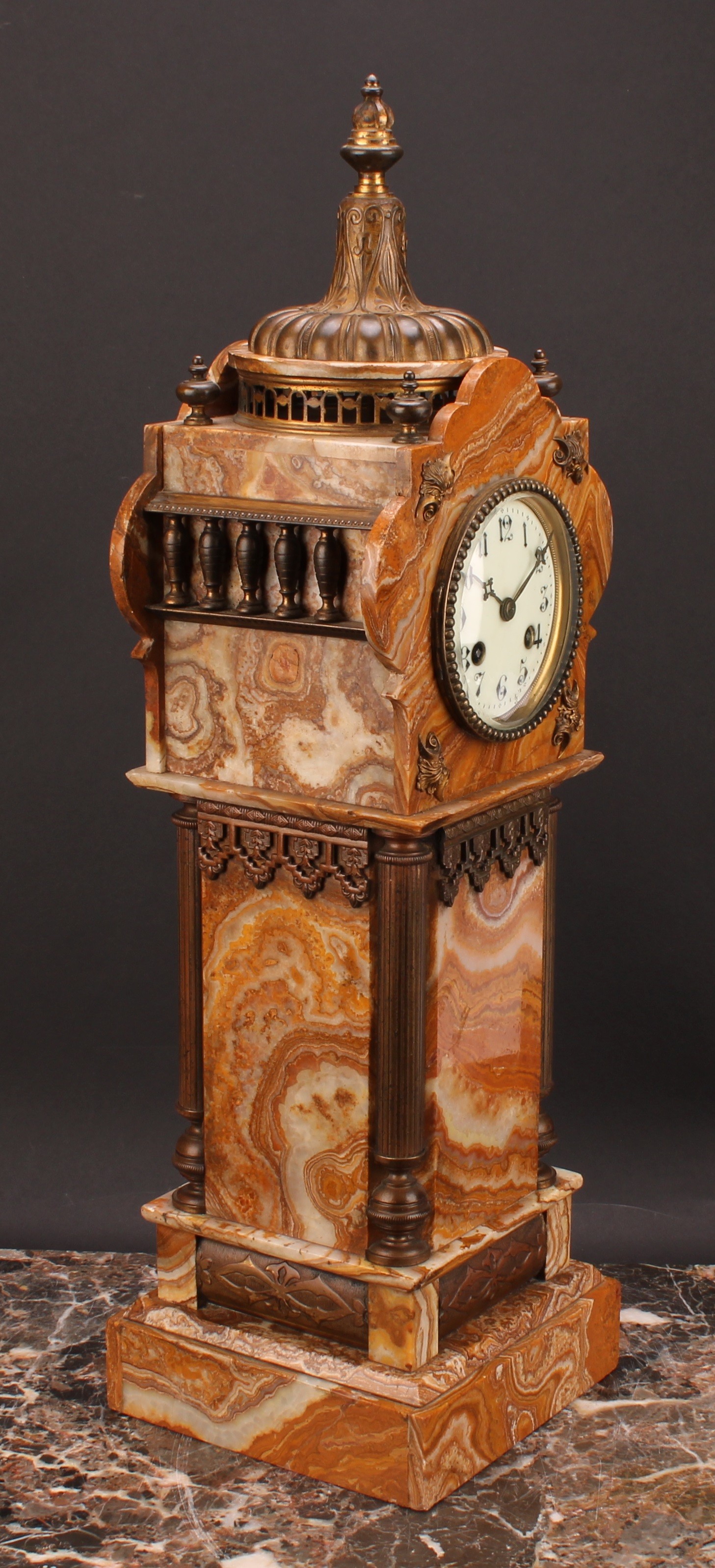 A late 19th century gilt metal mounted onyx tower-form architectural library clock, 8.5cm enamel - Image 3 of 4