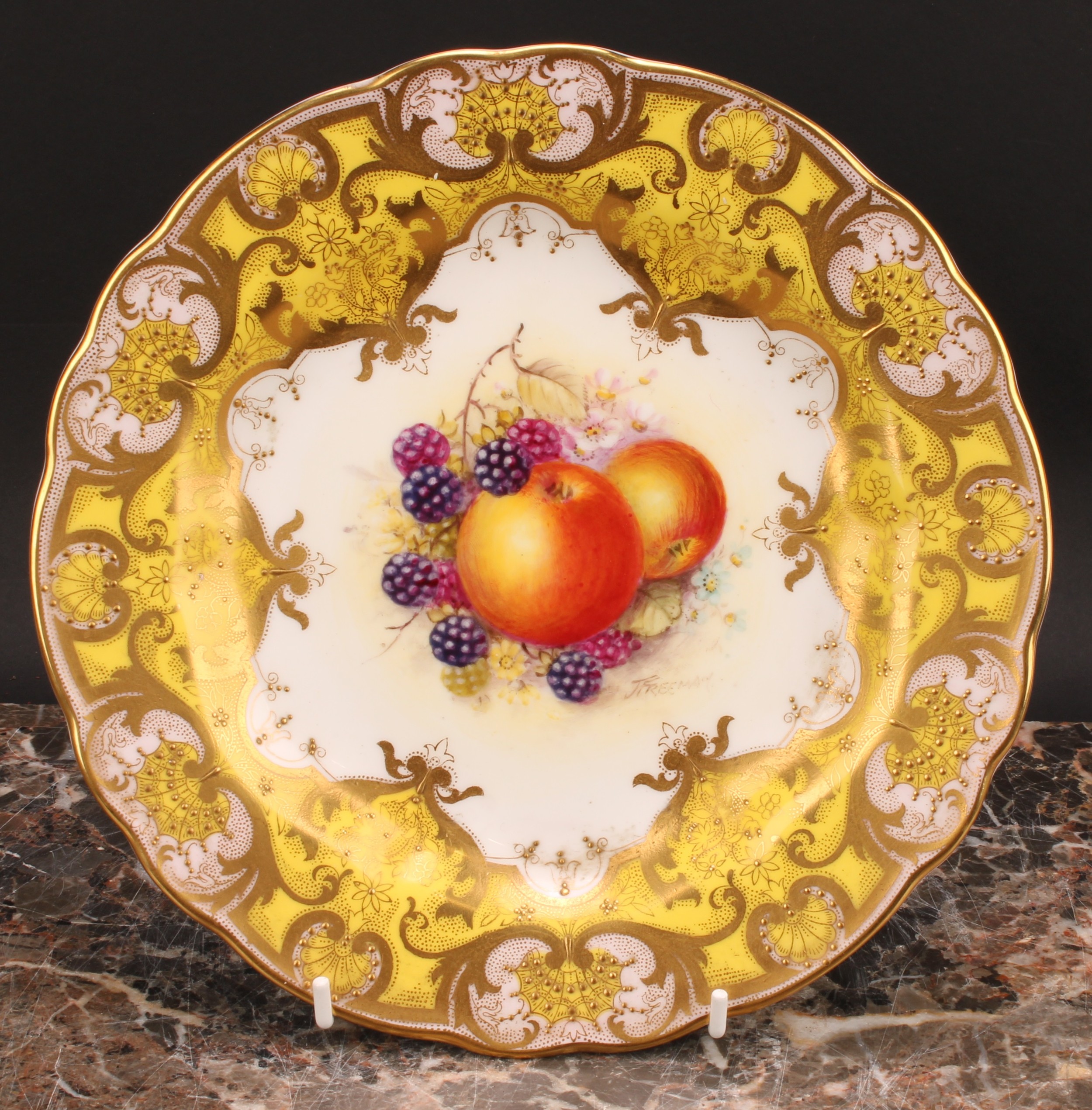 A Royal Worcester shaped circular plate, painted by J. Freeman, signed, with ripening fruit within - Image 2 of 5