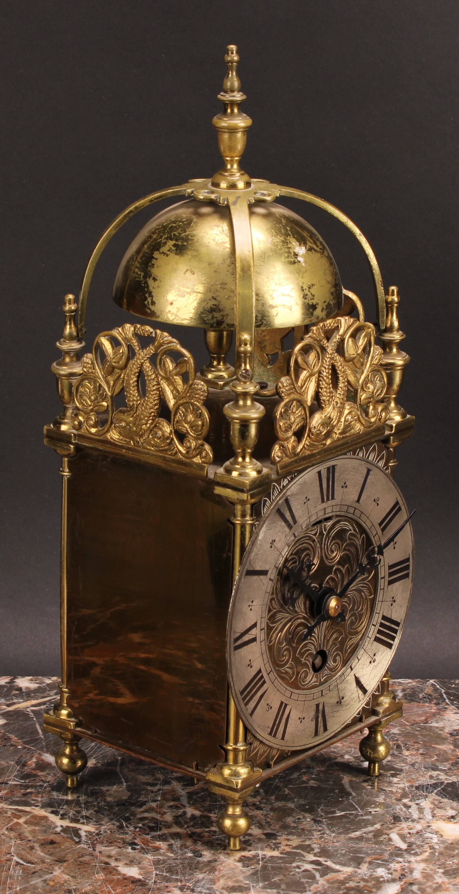 A 17th century style brass lantern timepiece, 11.5cm silvered clock dial inscribed with Roman - Image 2 of 4