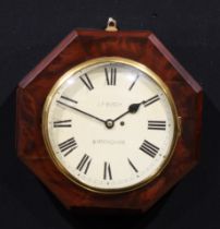 A 19th century flame mahogany hexagonal wall timepiece, 29.5cm painted clock dial inscribed J.F.