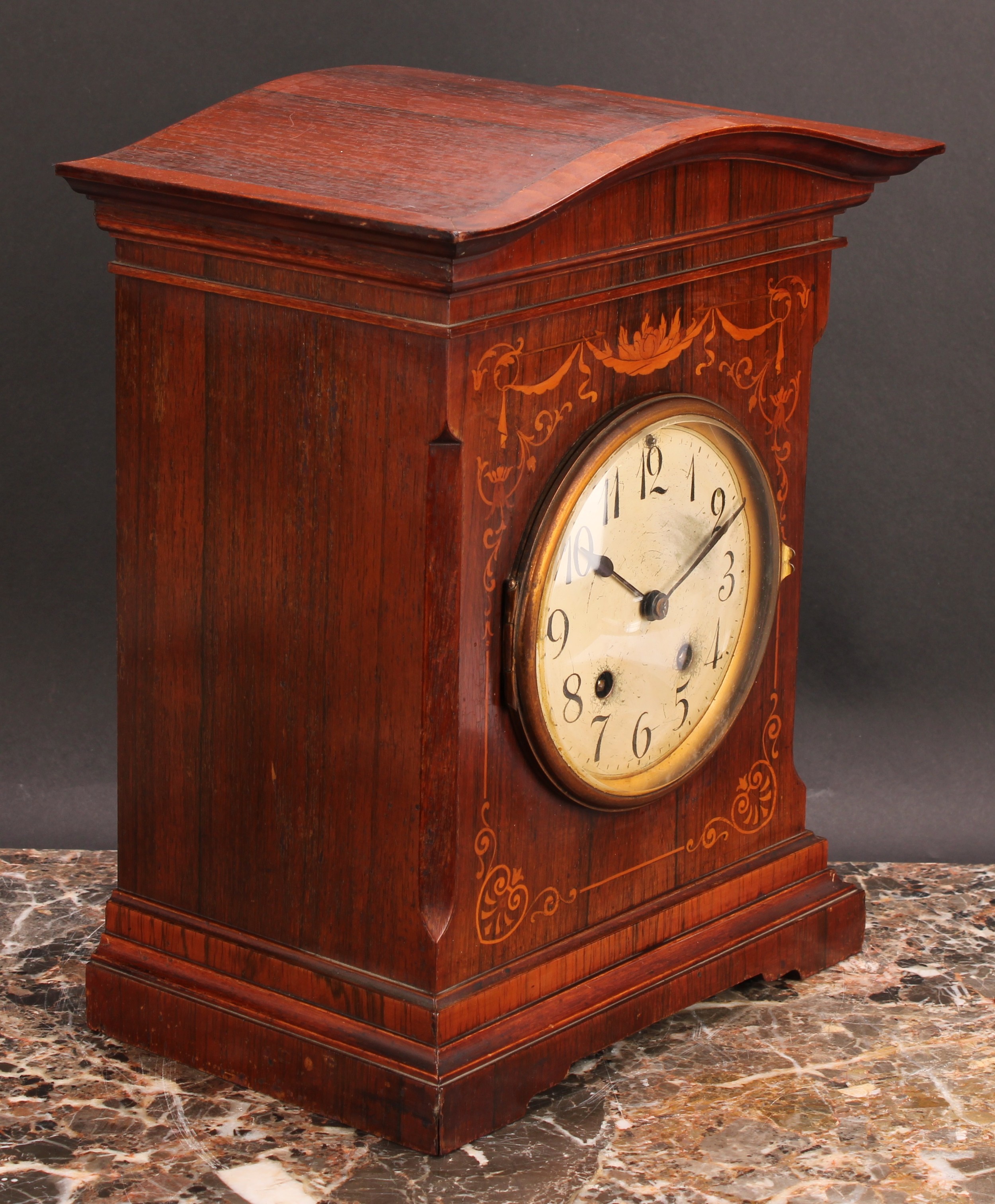 An early 20th century rosewood and marquetry mantel clock, 12cm circular dial inscribed with - Image 2 of 4