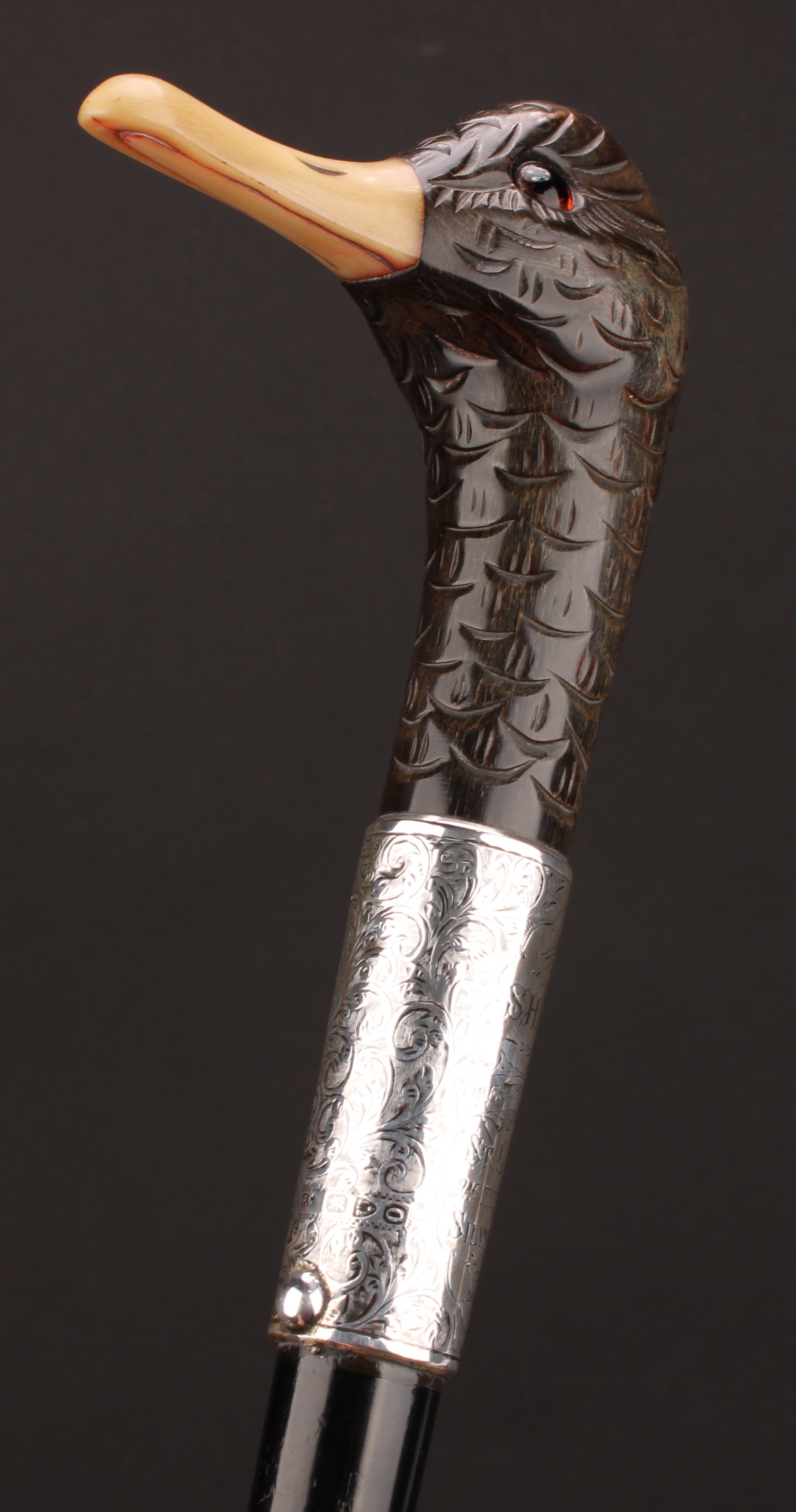 A Victorian silver mounted novelty walking stick, the horn handle carved and stained as the head - Image 4 of 5