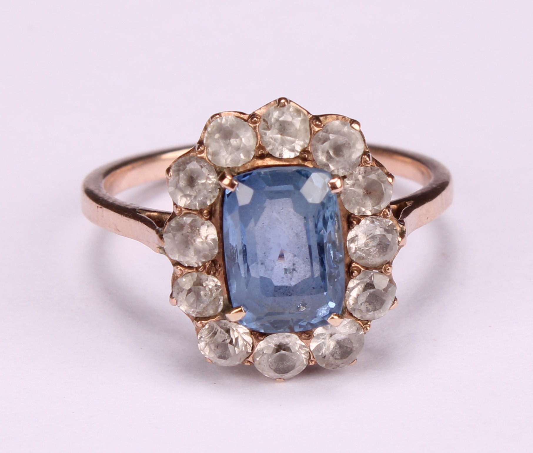 A 19th century pale blue and white sapphire effect paste cluster ring, central cushion cut pale blue - Image 4 of 4