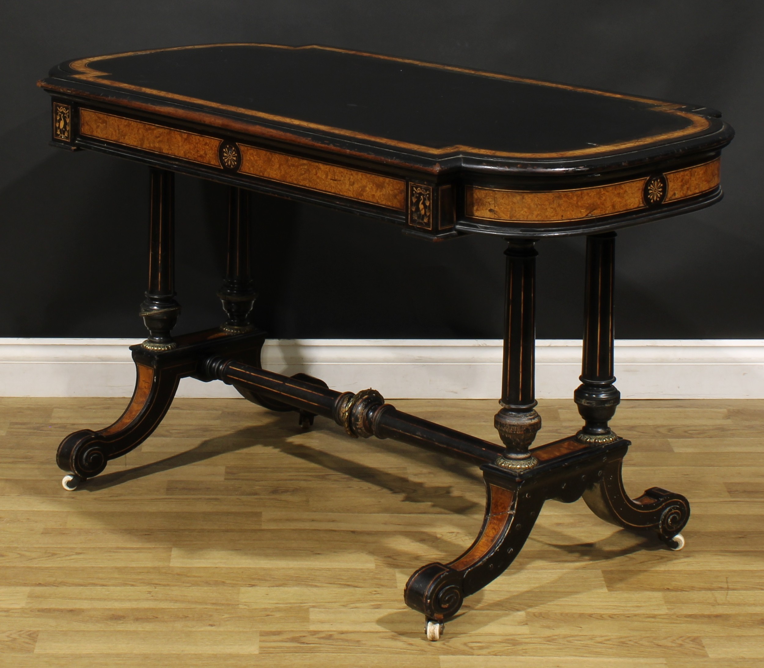 A Victorian amboyna banded ebonised library table, slightly oversailing top with moulded edge - Image 5 of 6