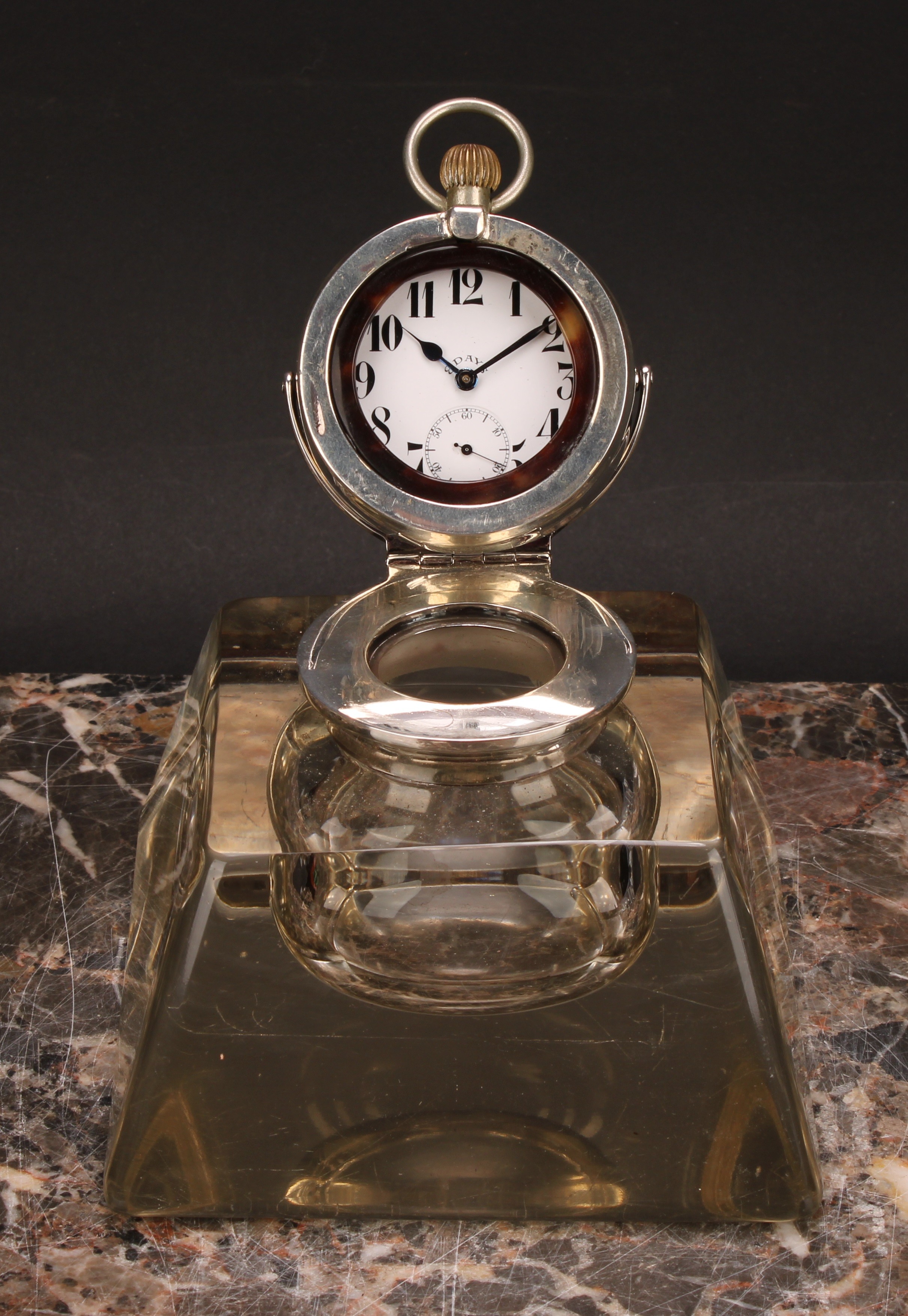 An Edwardian silver mounted combination inkwell and pocket watch holder, hinged cover with - Image 2 of 5