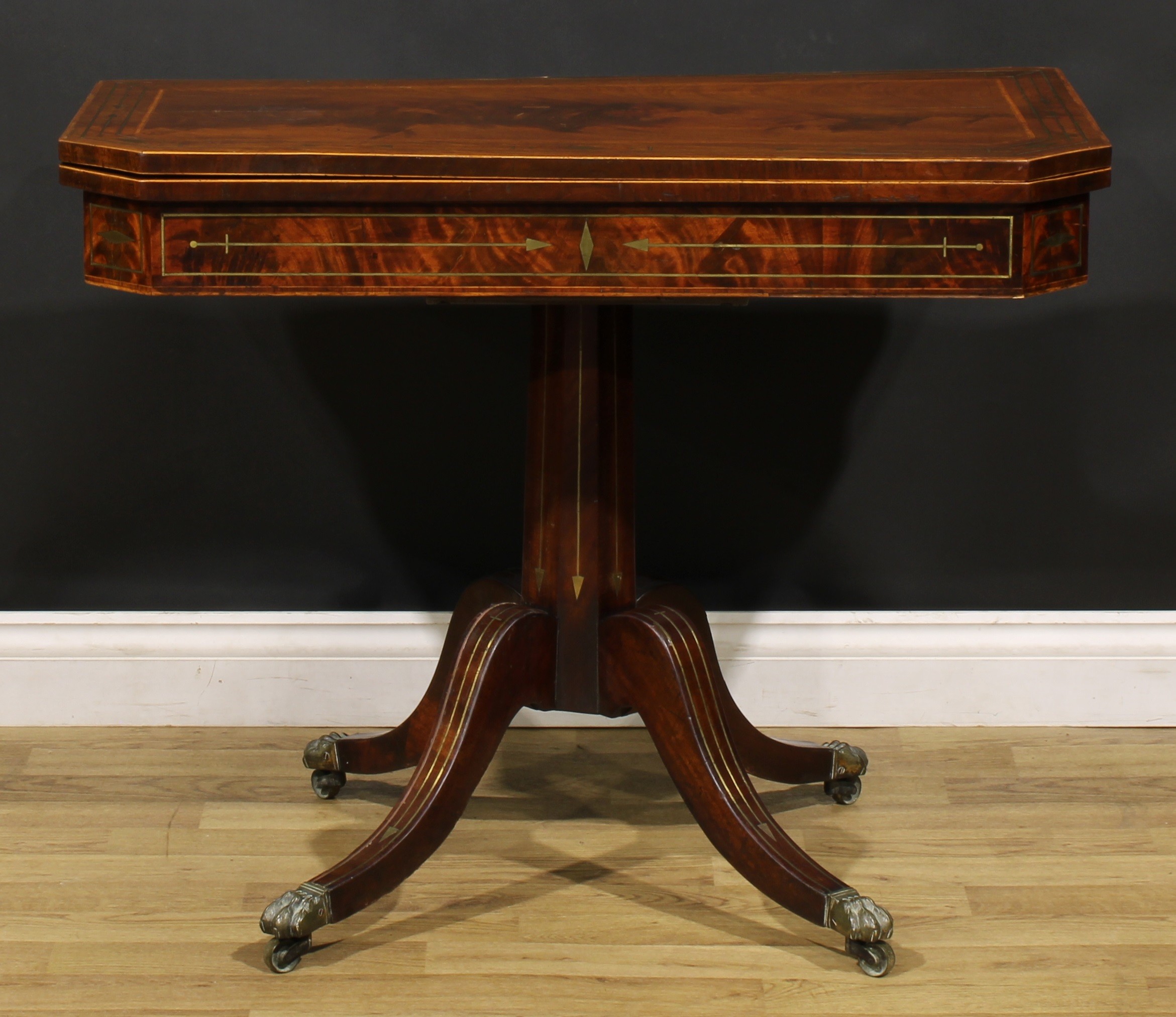 A Regency mahogany and brass marquetry card table, hinged top enclosing a baize lined playing - Image 2 of 6