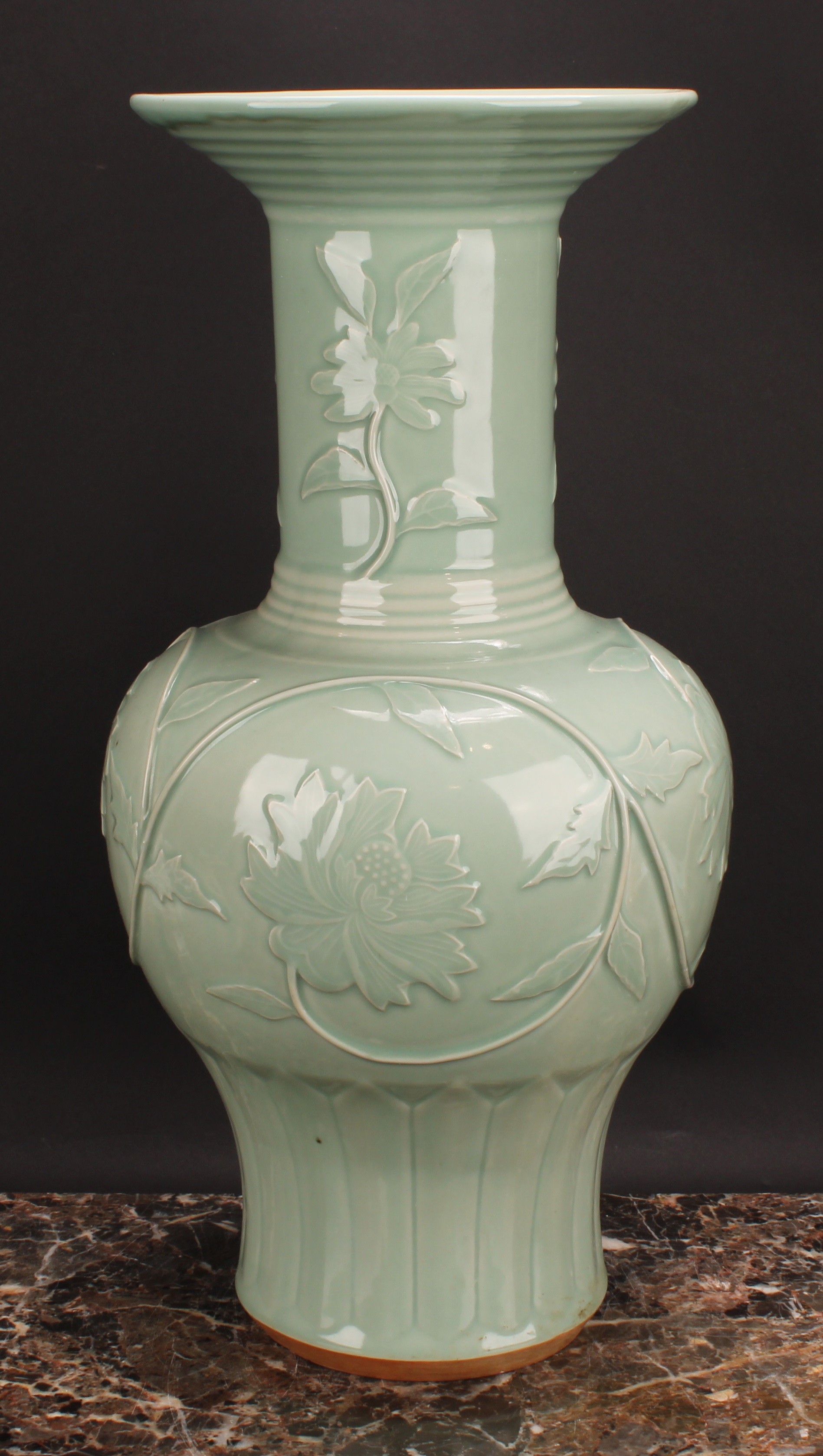 A large Chinese celadon baluster vase, moulded with lotus, 53cm high, seal mark, hardwood stand - Image 2 of 5