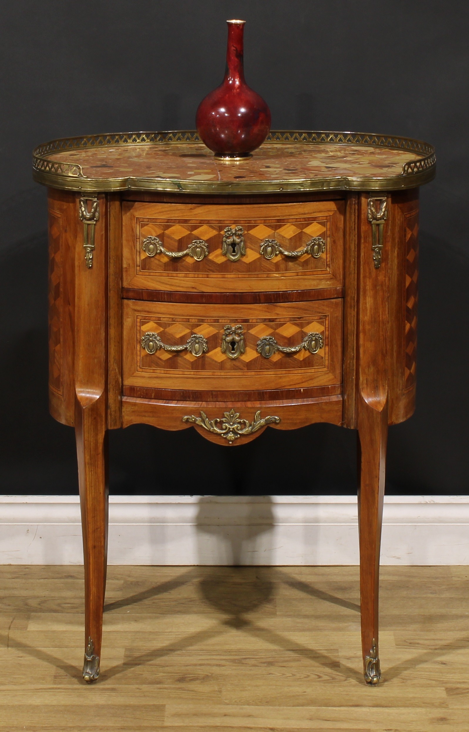 A Louis XV Revival gilt metal mounted tumbling blocks parquetry table de chevet or commode, marble