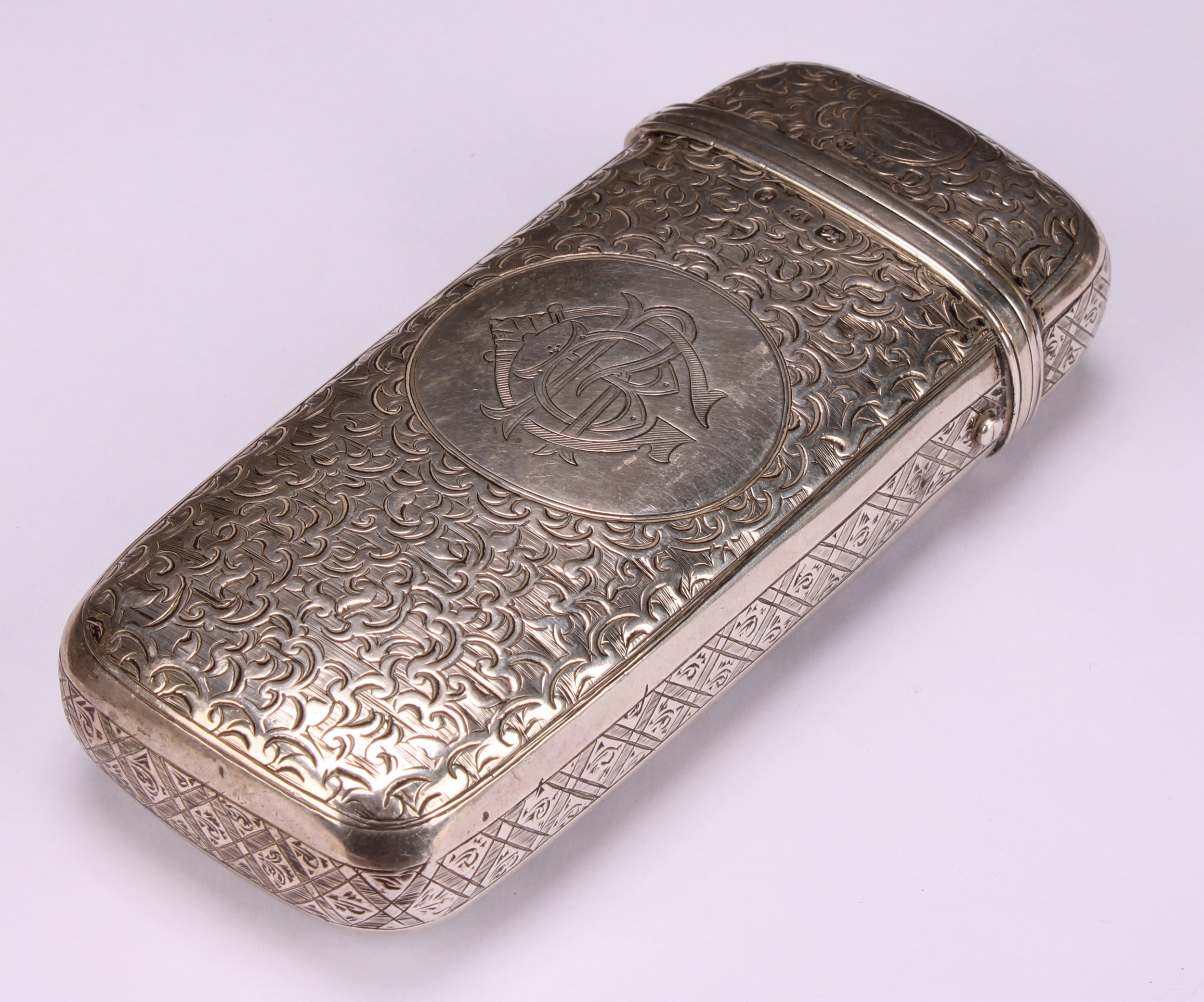 A Victorian silver rounded rectangular cigar or cheroot case, profusely engraved with scrolling - Image 2 of 5