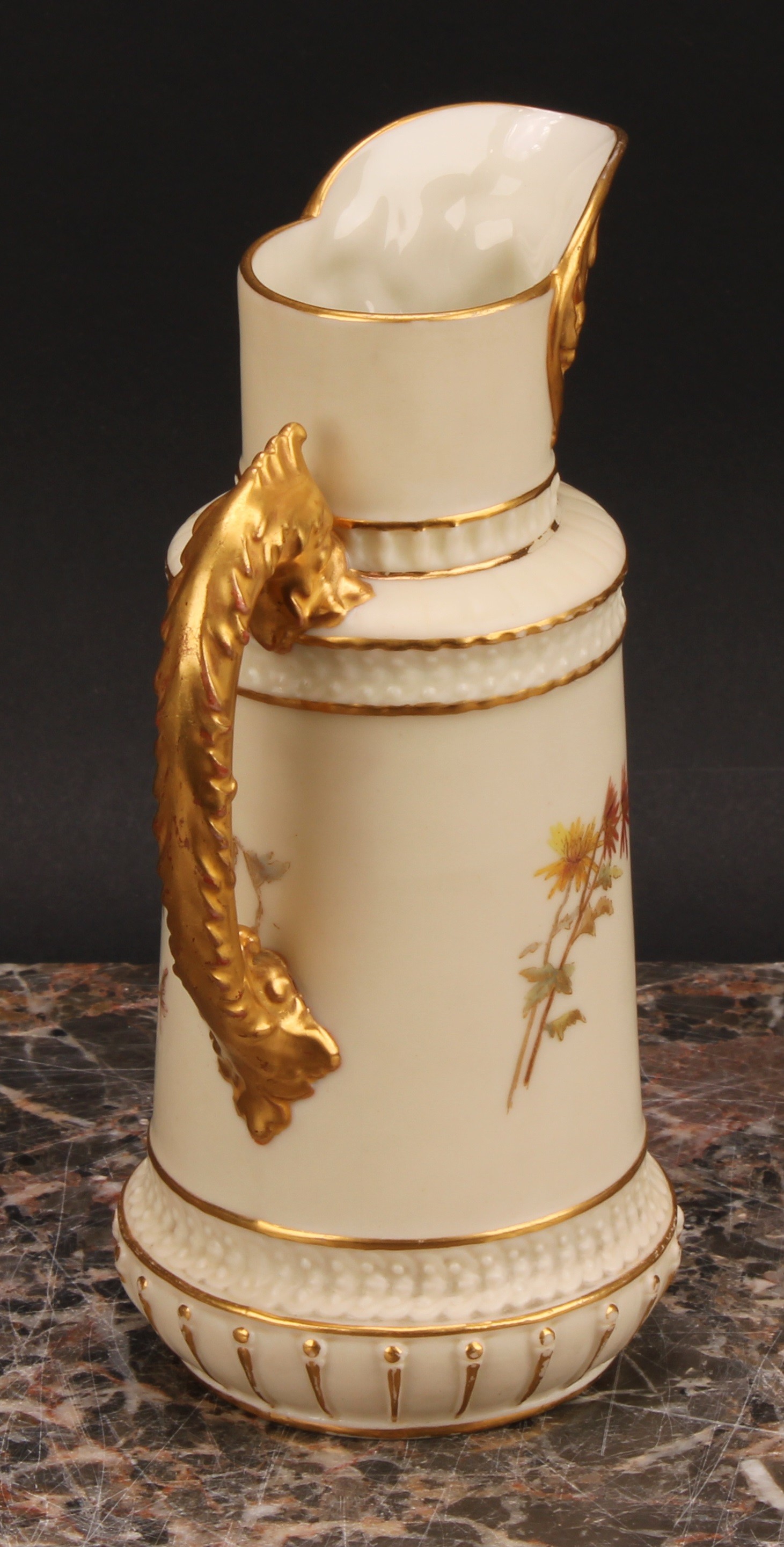 A Royal Worcester jug, decorated in the Aesthetic manner with flowers and foliage in muted tones, - Image 4 of 6