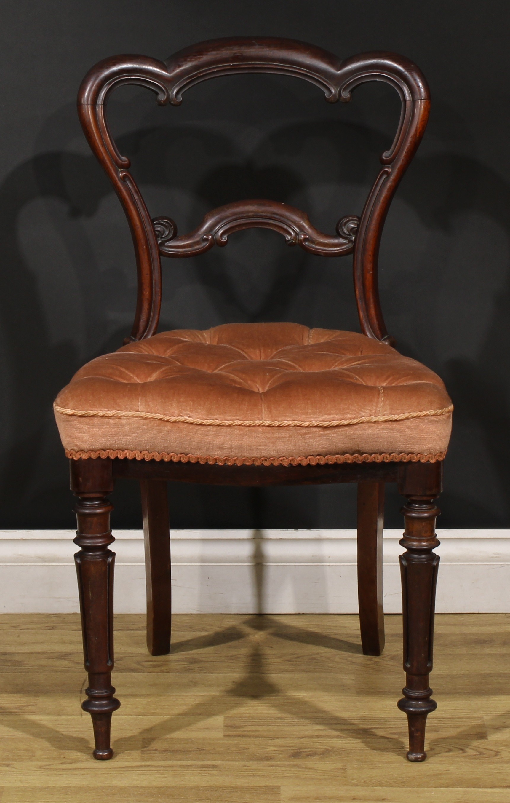 A set of six early Victorian solid rosewood dining chairs, cartouche shaped backs, stuffed-over - Image 2 of 5