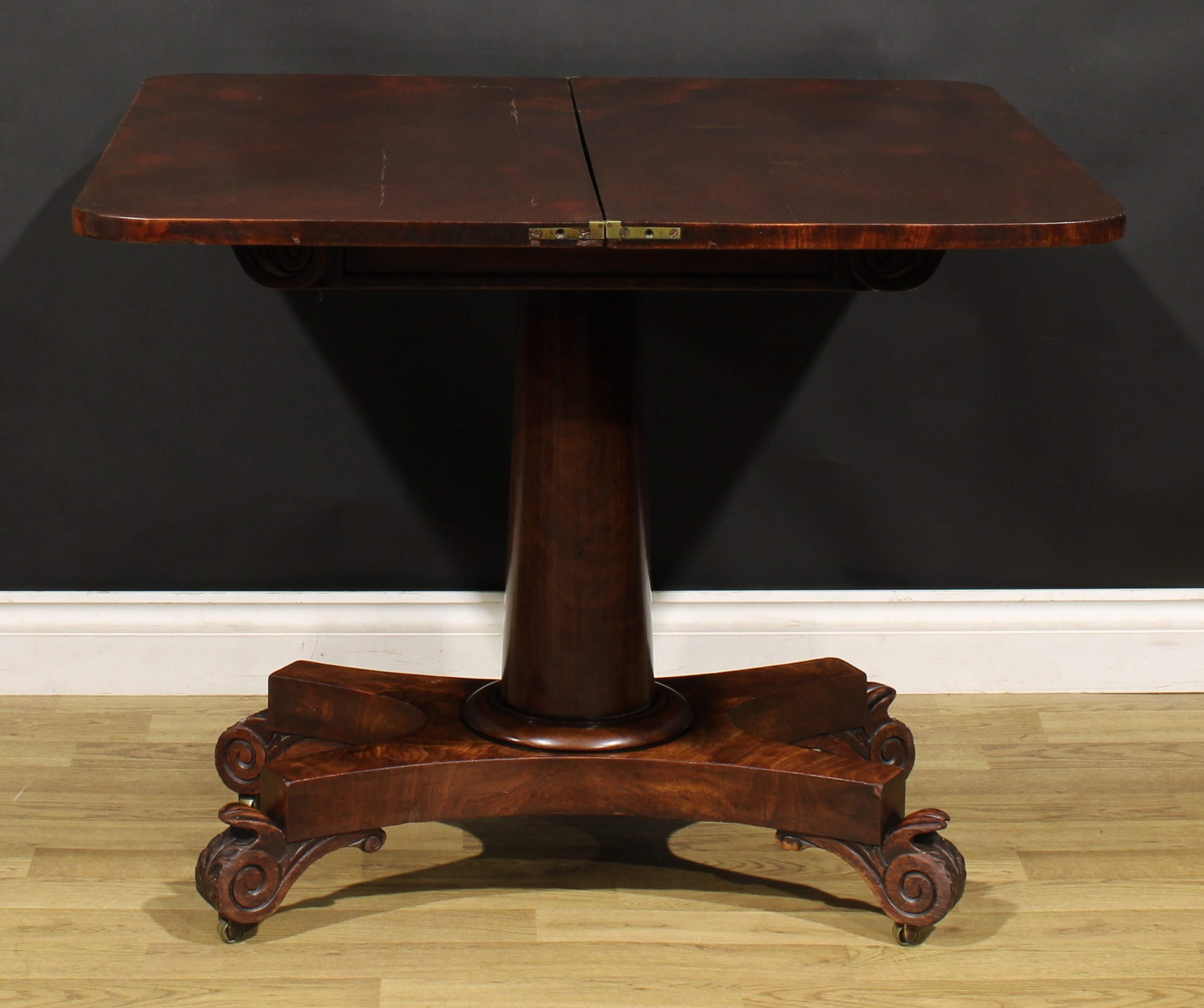A George/William IV mahogany tea table, rounded rectangular folding top above a deep frieze carved - Image 3 of 6
