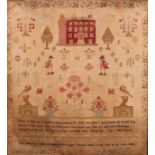 A William IV needlework sampler, worked in coloured wool with a mansion house, figures, trees,