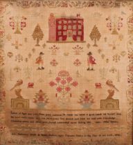 A William IV needlework sampler, worked in coloured wool with a mansion house, figures, trees,