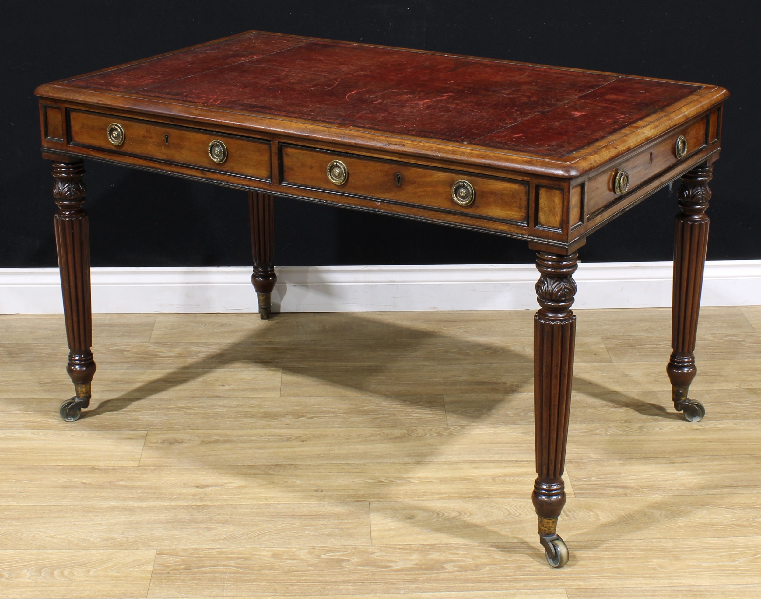 A George IV mahogany room centre library writing table, rounded rectangular top with inset tooled - Image 5 of 6