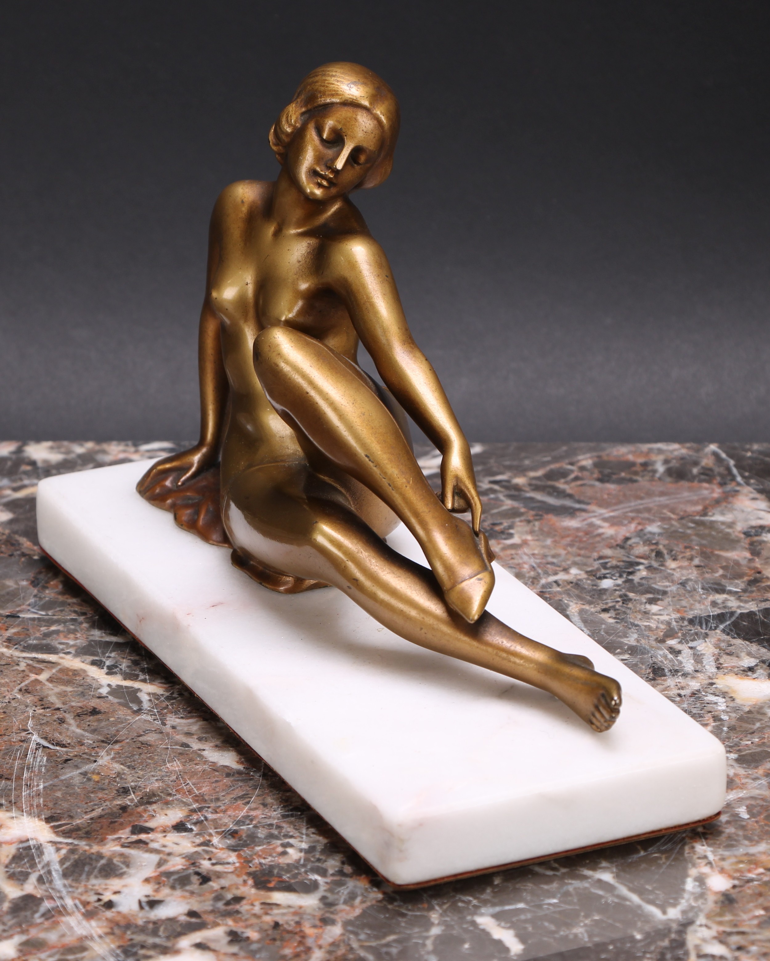 French School (second quarter 20th century), an Art Deco gilt patinated bronze, of a female nude, - Image 3 of 4