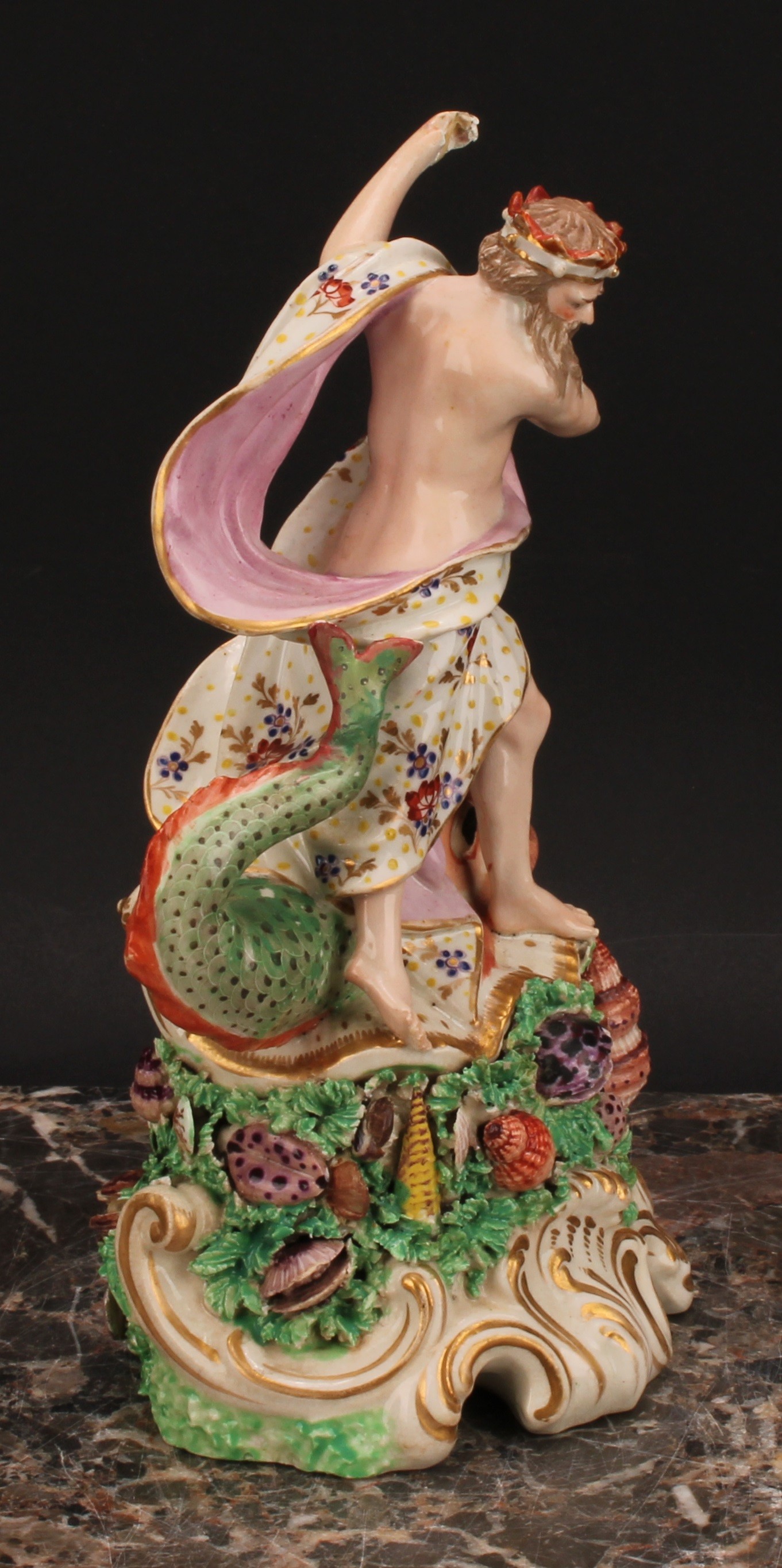 A Derby patch mark figure, of Neptune, standing with a dolphin at his feet, shell-encrusted base, - Image 3 of 5