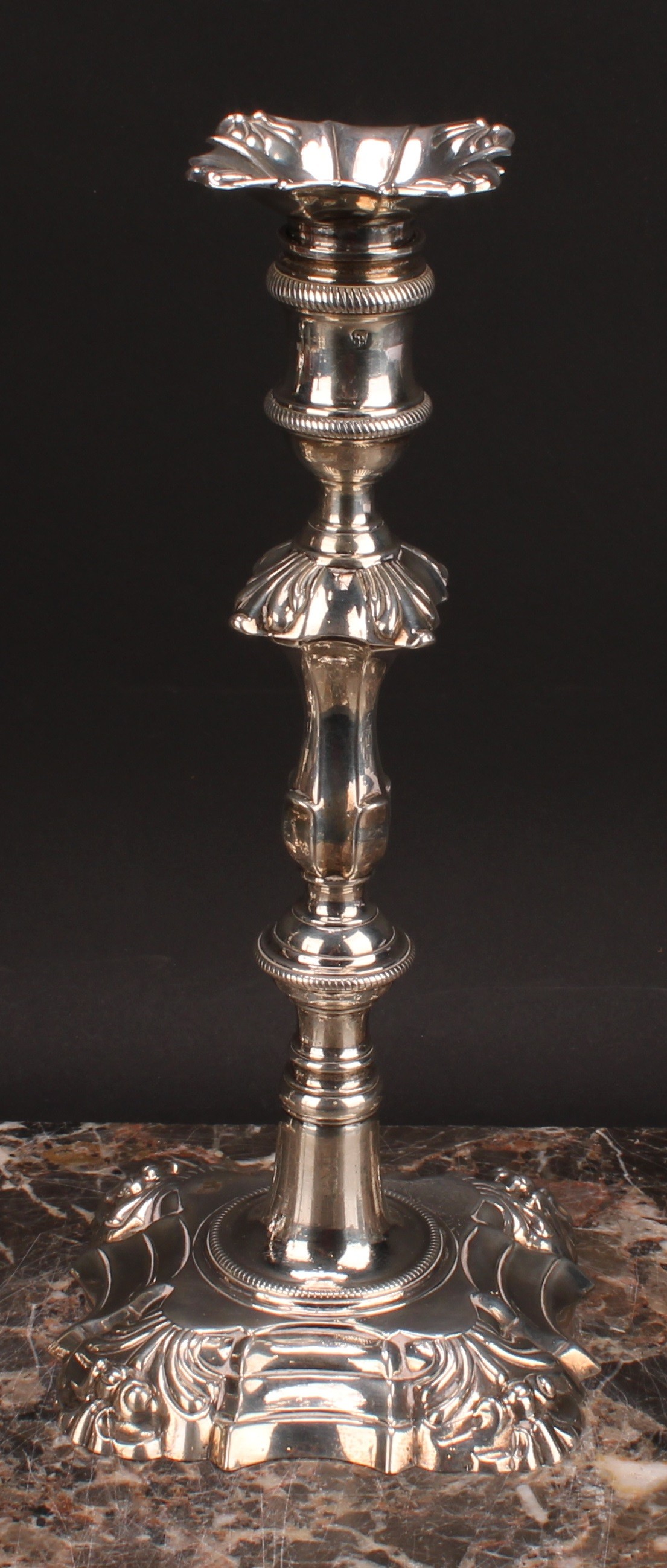 A composed set of four George II/early George III cast table candlesticks, detachable nozzles, - Image 6 of 14