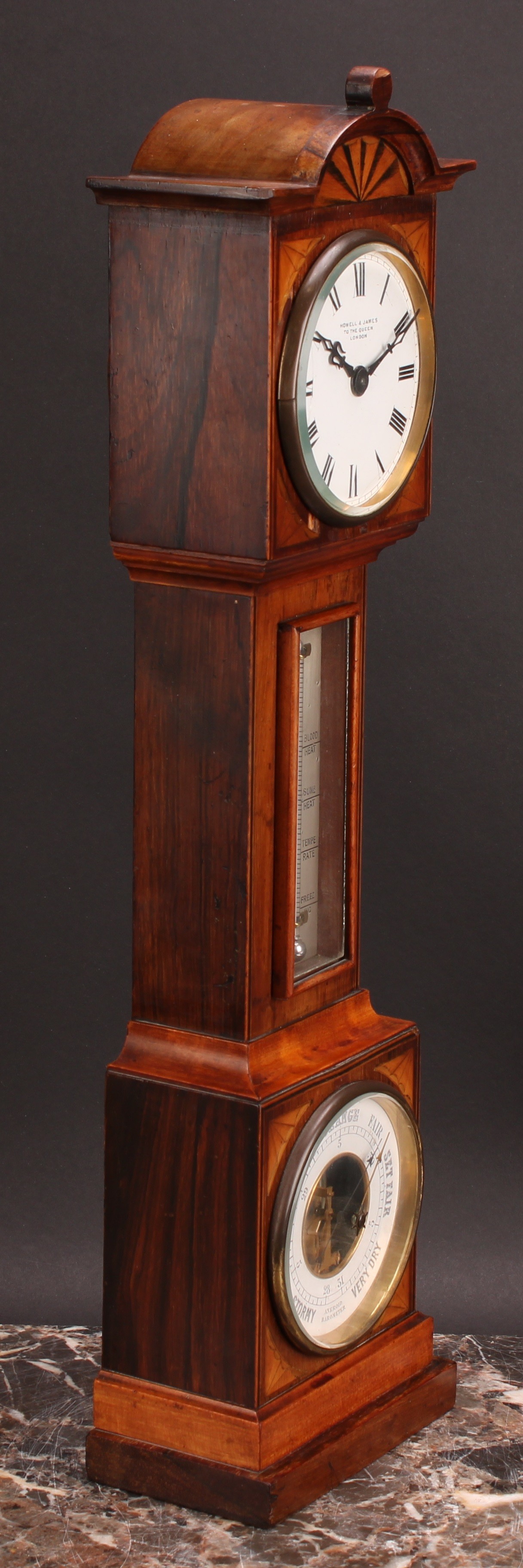 A late Victorian rosewood and marquetry novelty library weather station, as a miniature longcase - Image 2 of 3