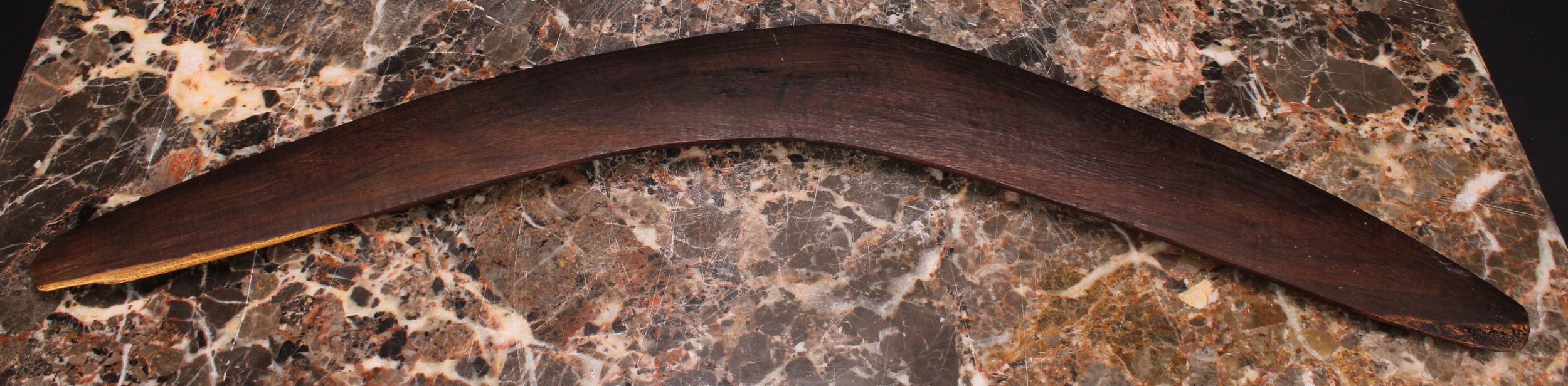 Australian Aboriginal Boomerang with geometric marks and depictions of Emu's, Leaves and - Image 3 of 3