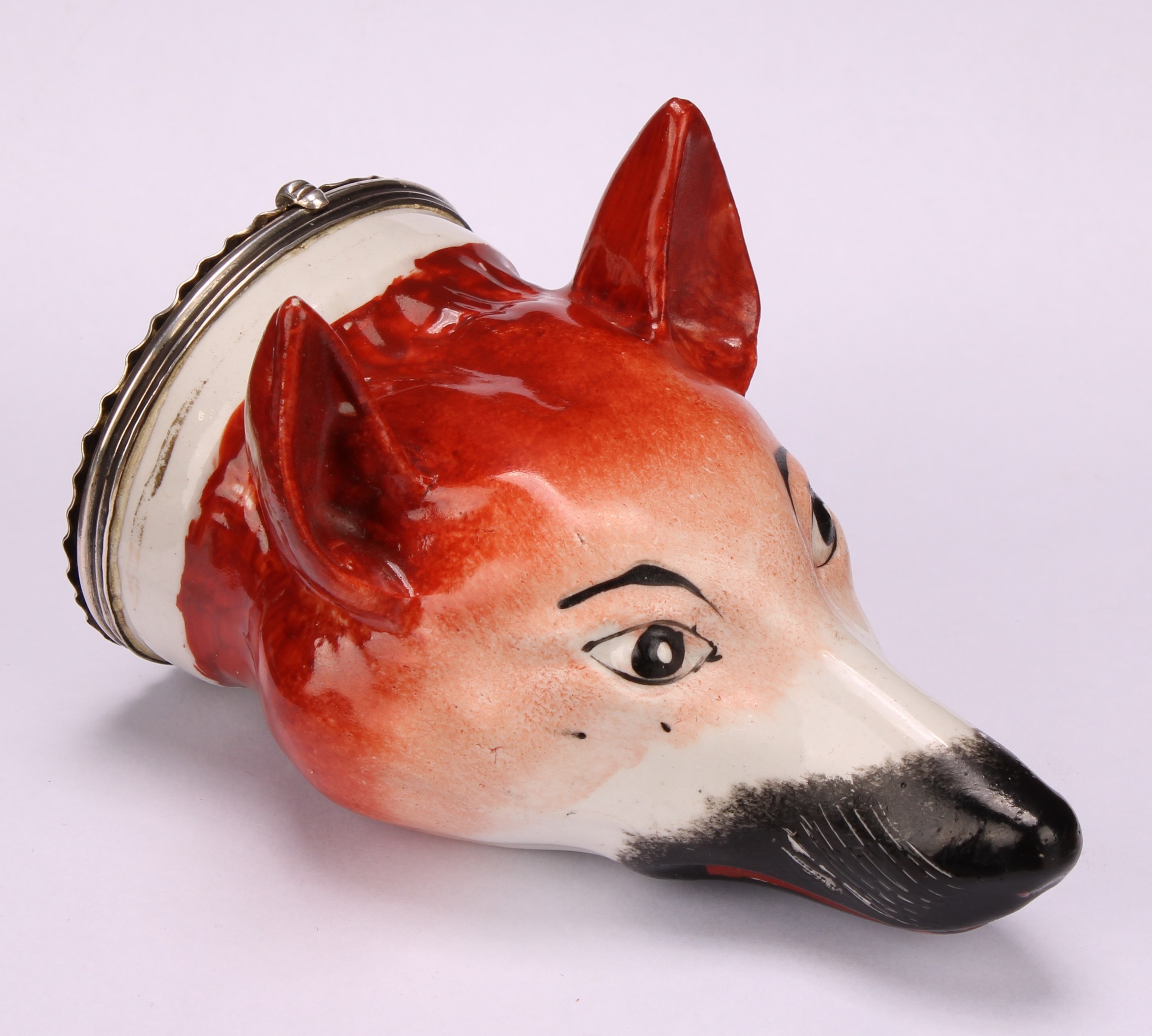 A Staffordshire pottery novelty stirrup cup, modelled as a fox mask, naturalistically painted, - Image 2 of 5