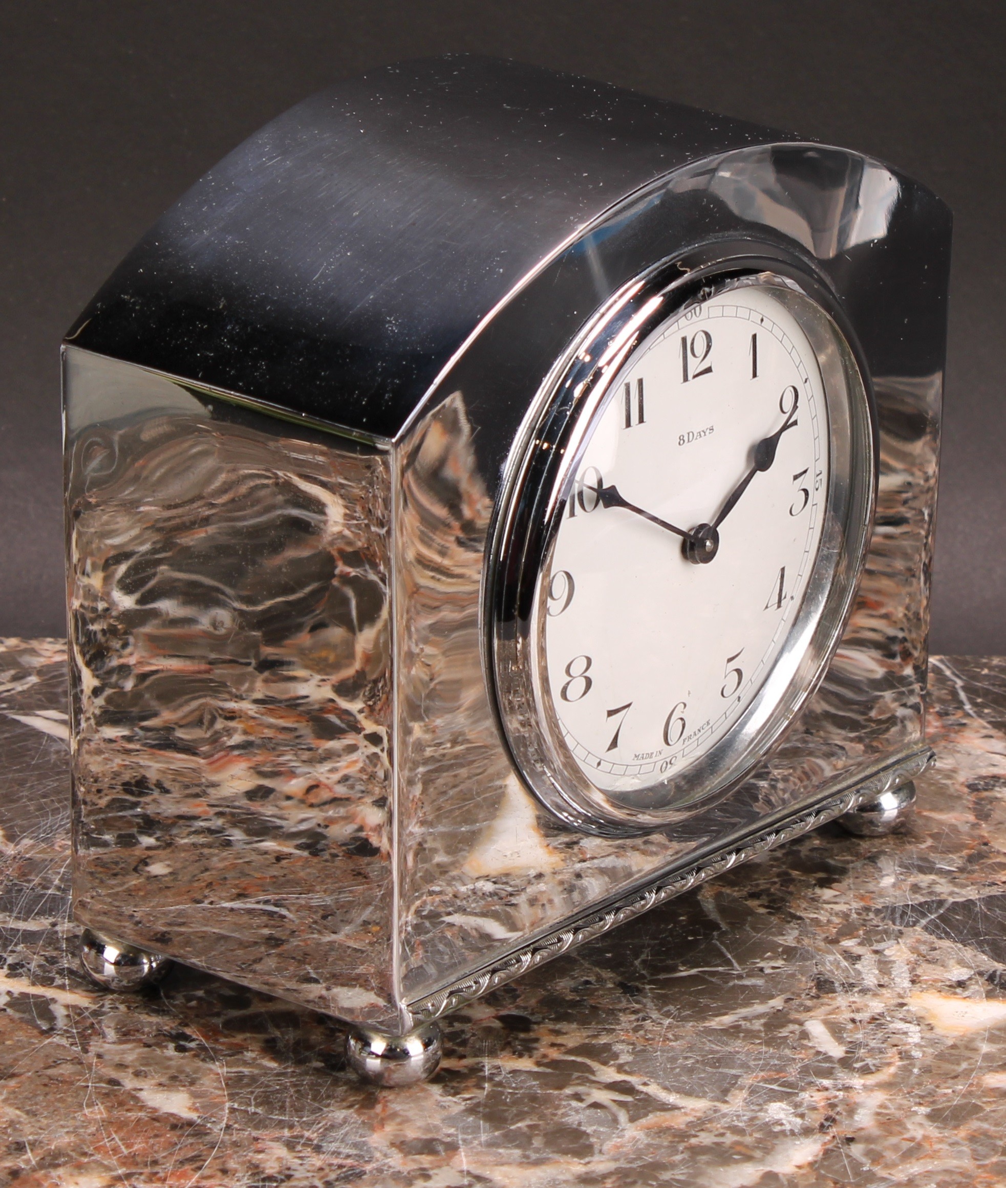 A mid 20th century French silver coloured metal mantel clock, 8cm circular enamel dial inscribed - Image 2 of 4