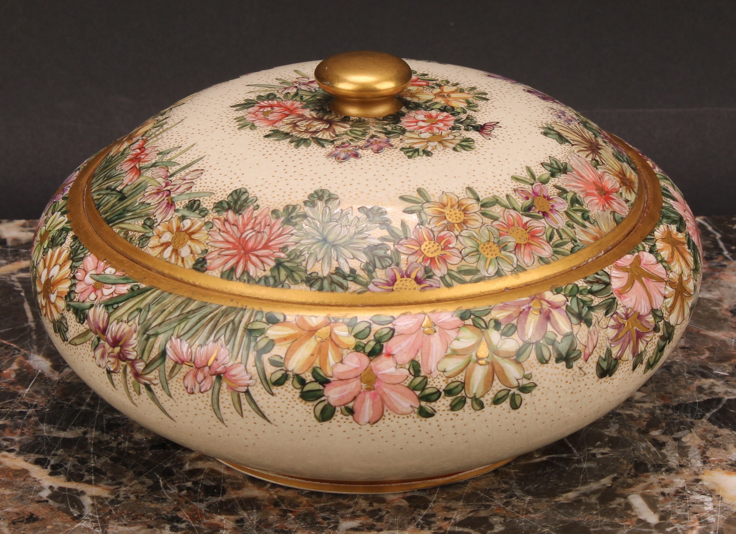 A Japanese satsuma bun shaped bowl and cover, painted in the typical palette with flowers, 15.5m - Image 2 of 5