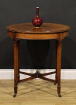 An Edwardian rosewood and marquetry centre table, circular top with moulded edge inlaid with bell