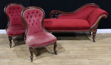 A Victorian mahogany chaise longue, 88.5cm high, 186cm wide, 56cm deep, c.1870; a pair of