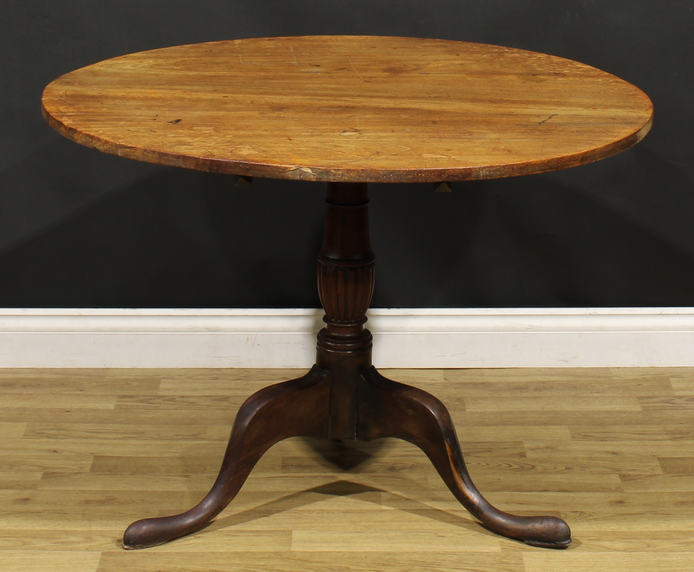 A George III mahogany tripod occasional table, circular tilting top, baluster column, cabriole legs, - Image 2 of 4