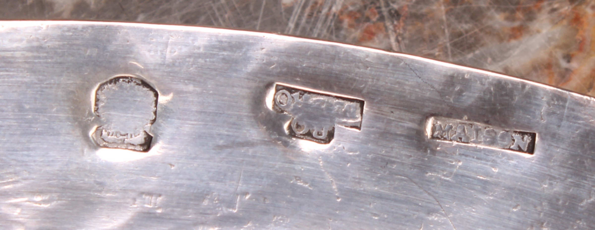 An early 19th century Spanish silver navette shaped dish, the border chased with a double band of - Image 4 of 4