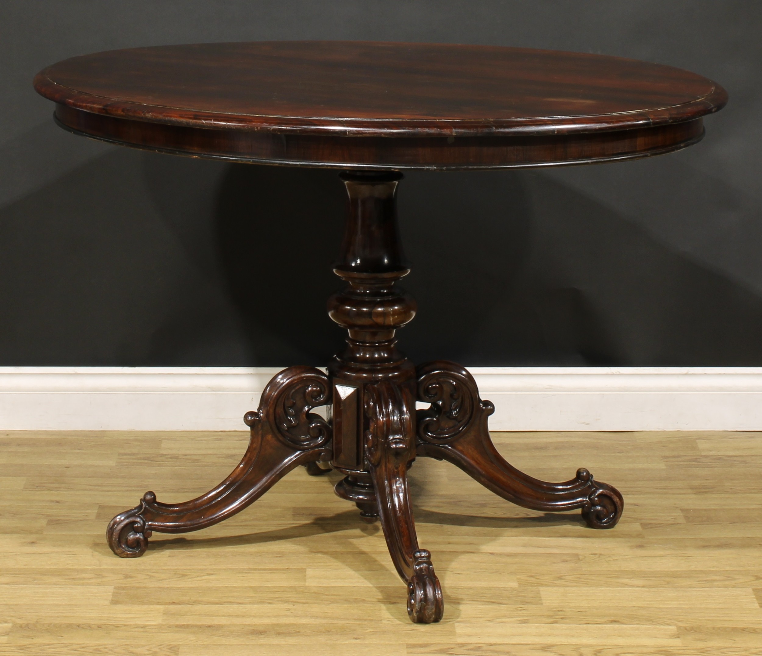 A Victorian rosewood centre table, oval top with moulded edge, turned column, cabriole legs carved - Image 4 of 5