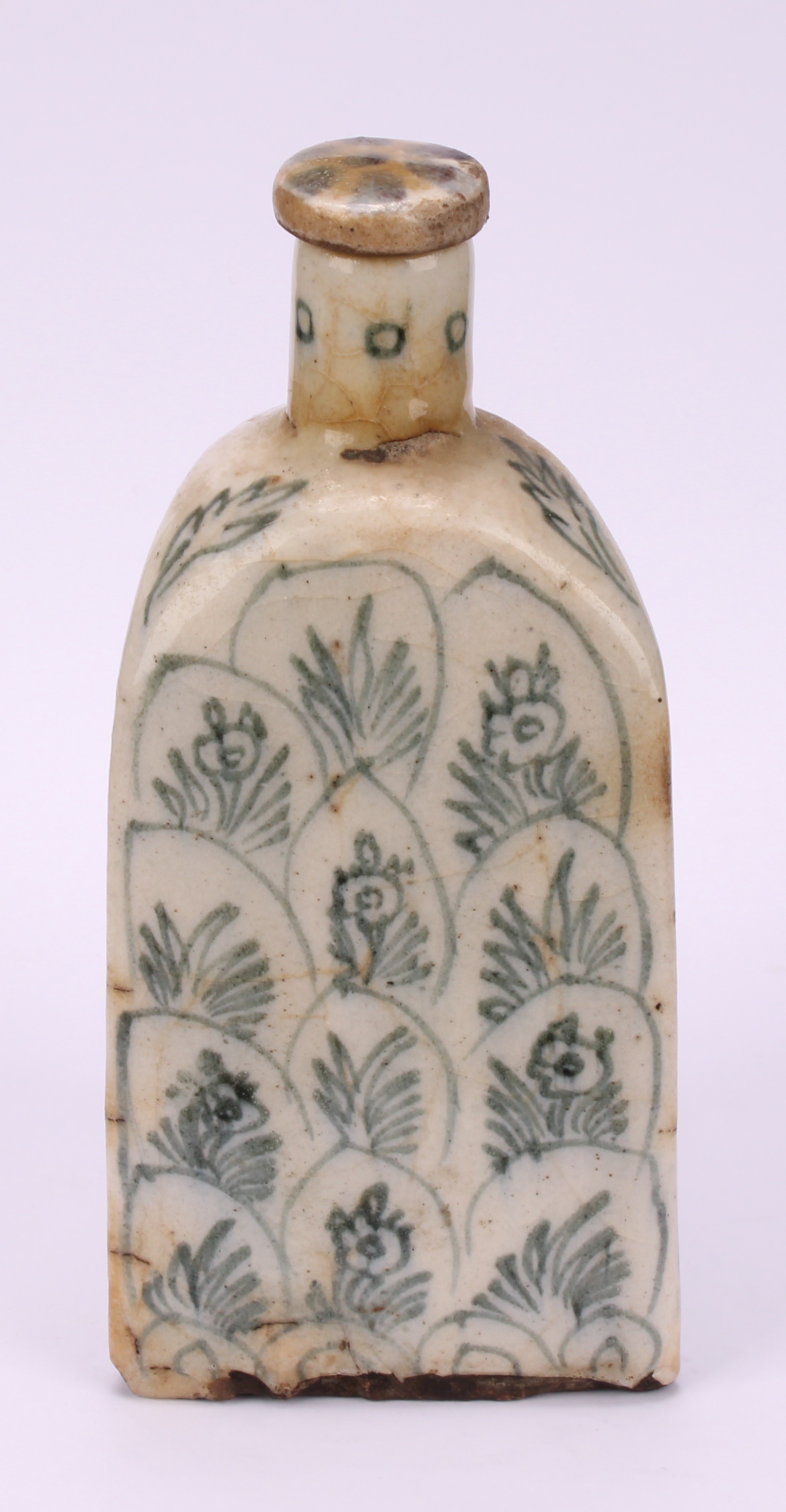 A Middle-Eastern tin-glazed earthenware triform flask, decorated with flowers and layered lotus, - Image 2 of 5