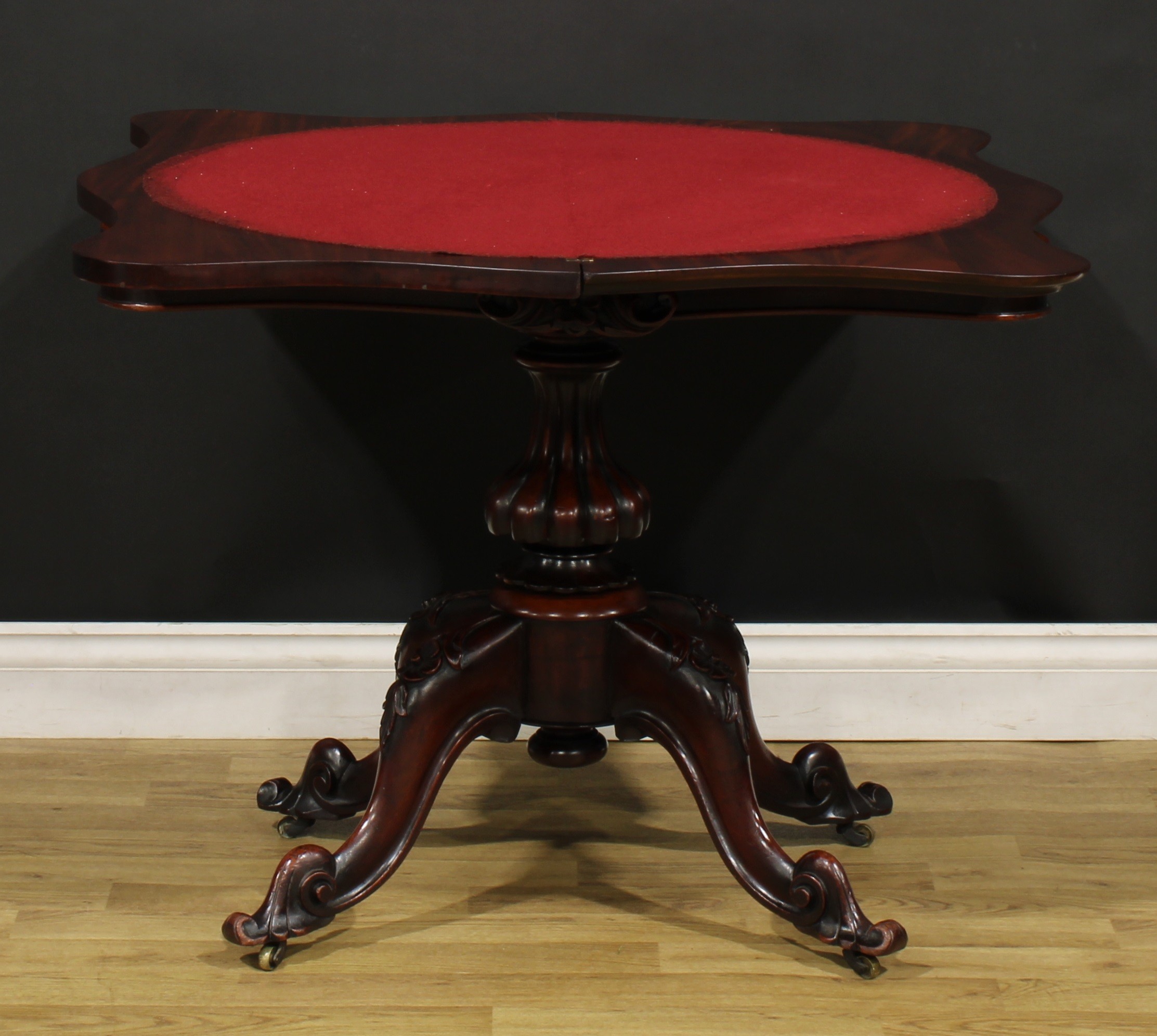 A Victorian mahogany serpentine card table, hinged top with moulded edge enclosing a baize lined - Image 3 of 6