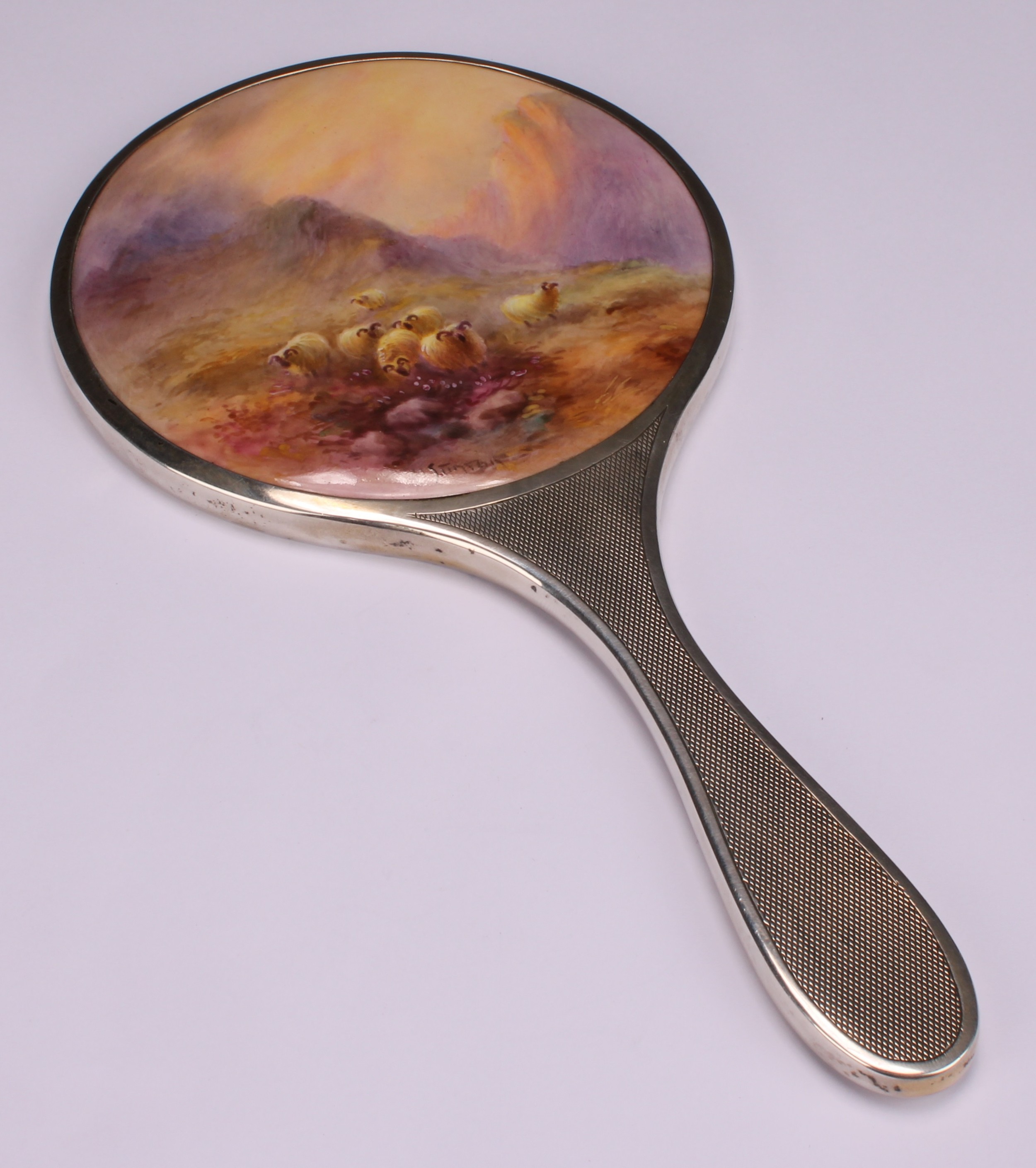 A Royal Worcester mounted silver hand mirror, the plaque painted by Harry Stinton, signed, with - Image 2 of 6