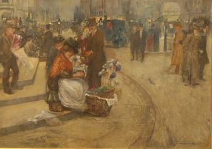 Lance Thackeray (1869 - 1916) The Flower Seller signed, watercolour, 49.5cm x 68.5cm