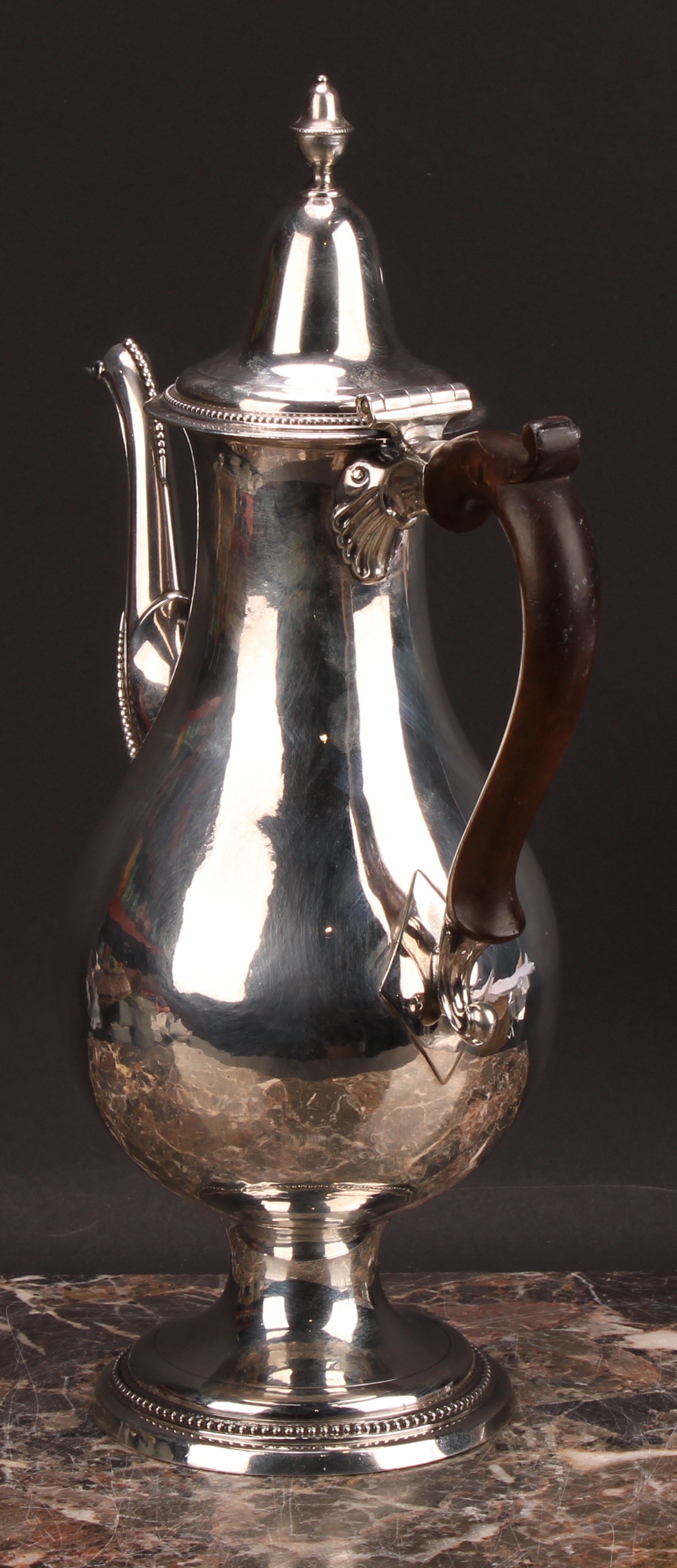 A George III provincial silver baluster coffee pot, hinged lofty domed cover with acorn finial, - Image 5 of 6