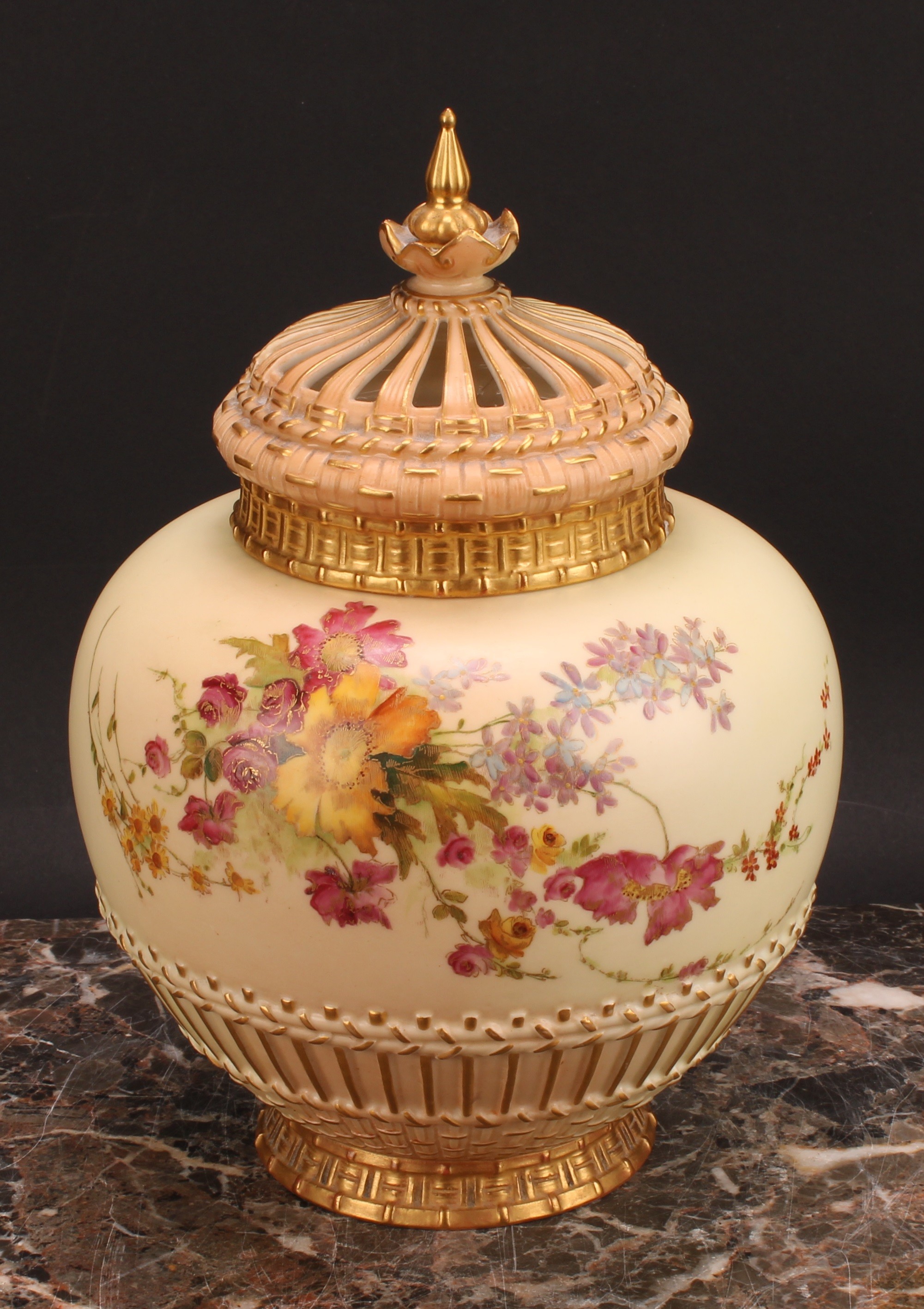 A Royal Worcester parcel-gilt and polychrome painted blush ivory potpourri vase and cover, 26cm - Image 2 of 6
