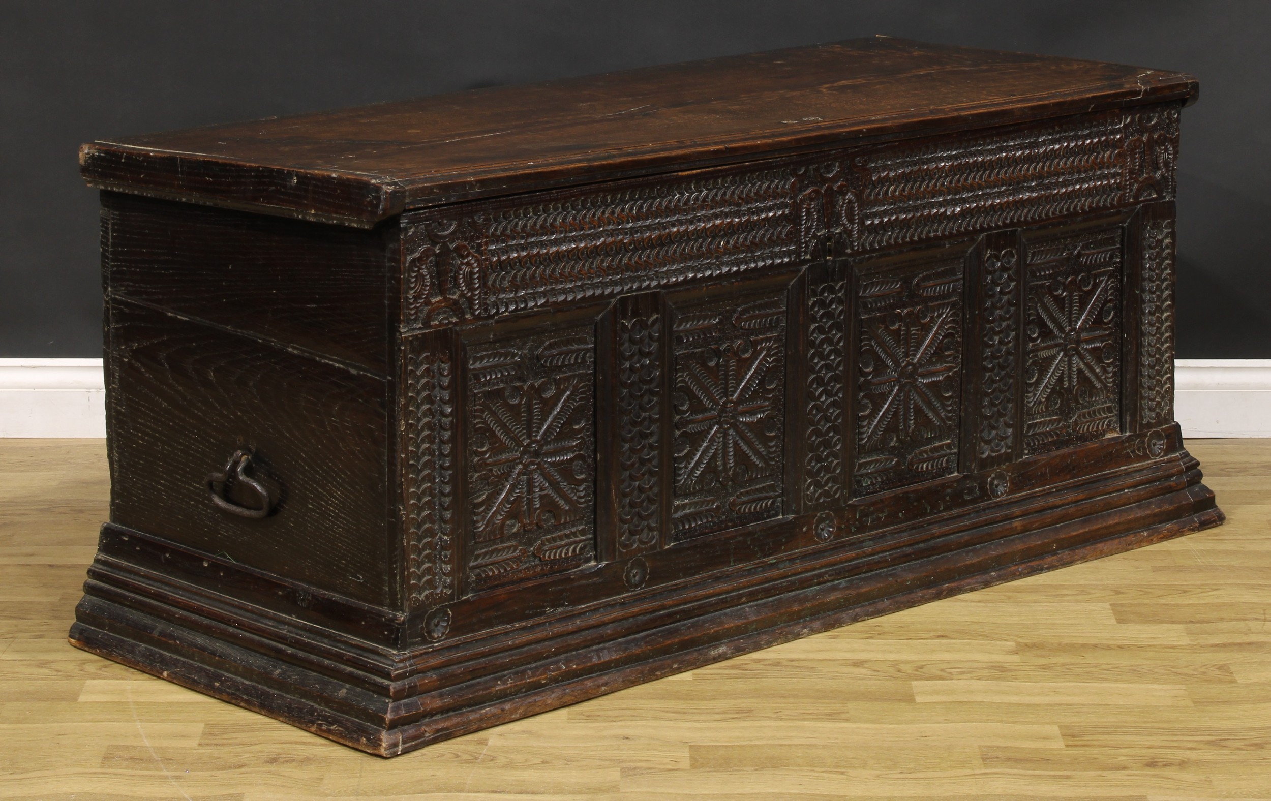 A late 17th century Flemish oak blanket chest, hinged top enclosing a till and ledge, the four-panel - Image 2 of 5