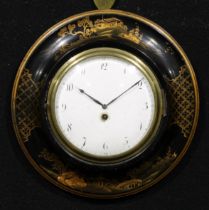 An 18th century design japanned sedan timepiece, 9.5cm convex painted clock dial with Arabic