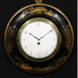 An 18th century design japanned sedan timepiece, 9.5cm convex painted clock dial with Arabic